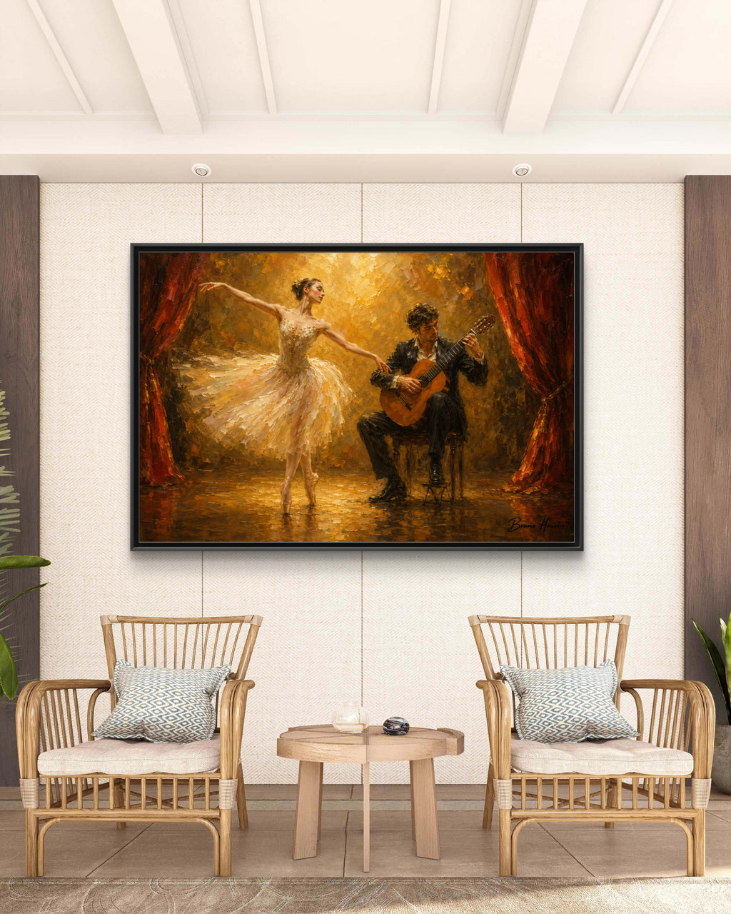 Ballet Dancer & Guitarist Framed Canvas Wall Art — Oil-Style Performance Print