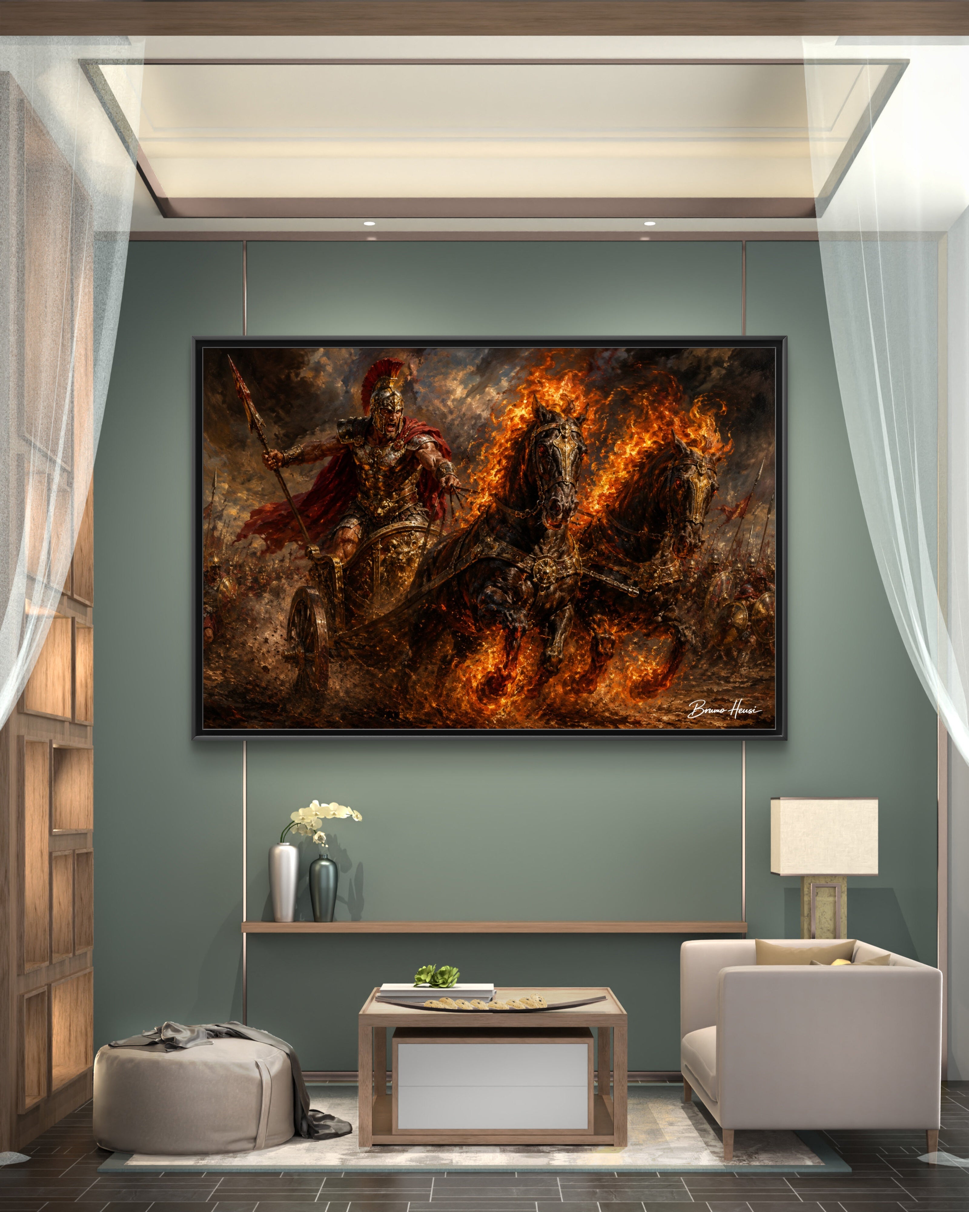 Flaming Chariot Framed Canvas Wall Art — Mythic Warrior Matte Print