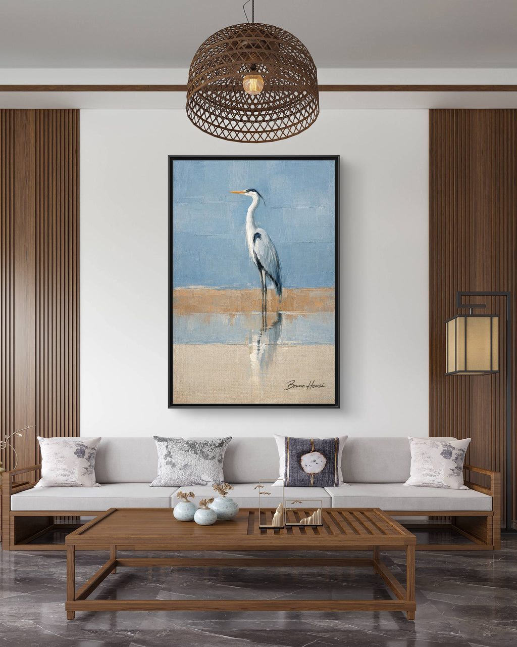 Framed Heron Canvas Art – Coastal Shorebird Wall Decor