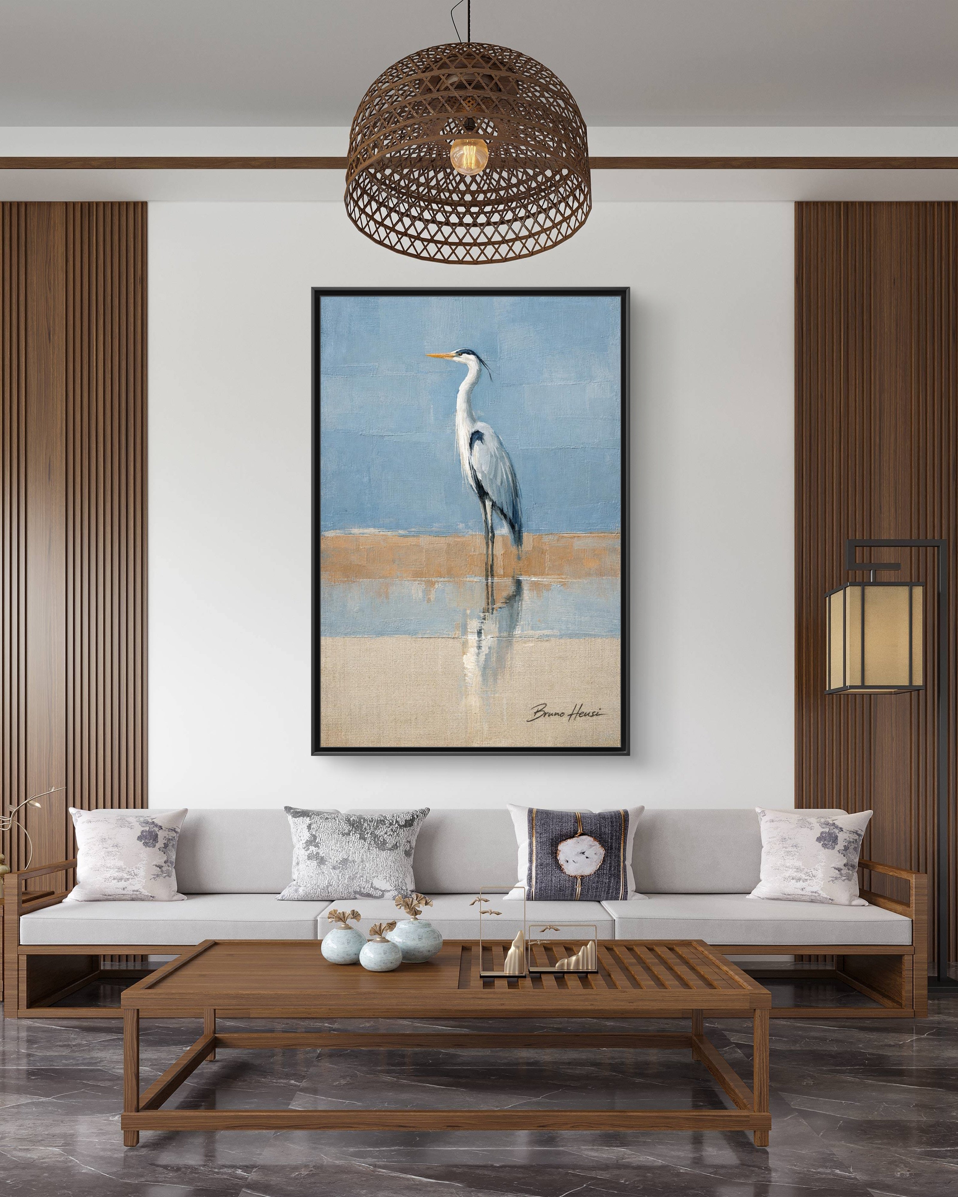 Framed Heron Canvas Art – Coastal Shorebird Wall Decor