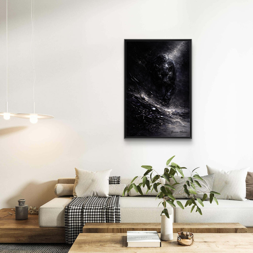 Cosmic Black Panther Matte Framed Canvas – Dark Abstract Wildlife Wall Art