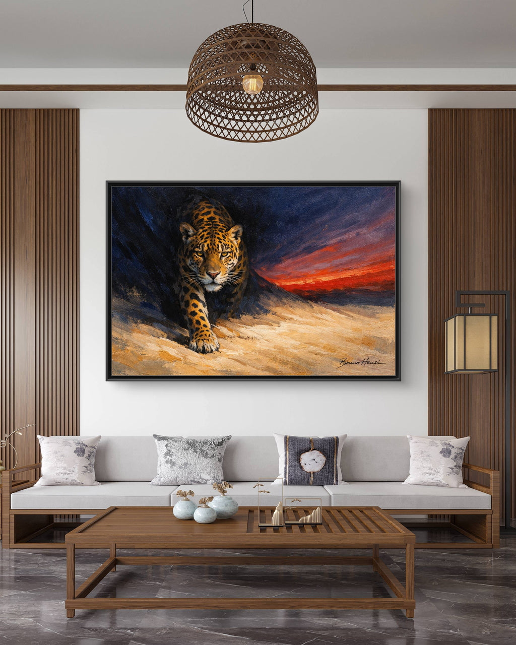 Framed Jaguar Canvas Art – Majestic Big Cat Painting with Sunset Sky