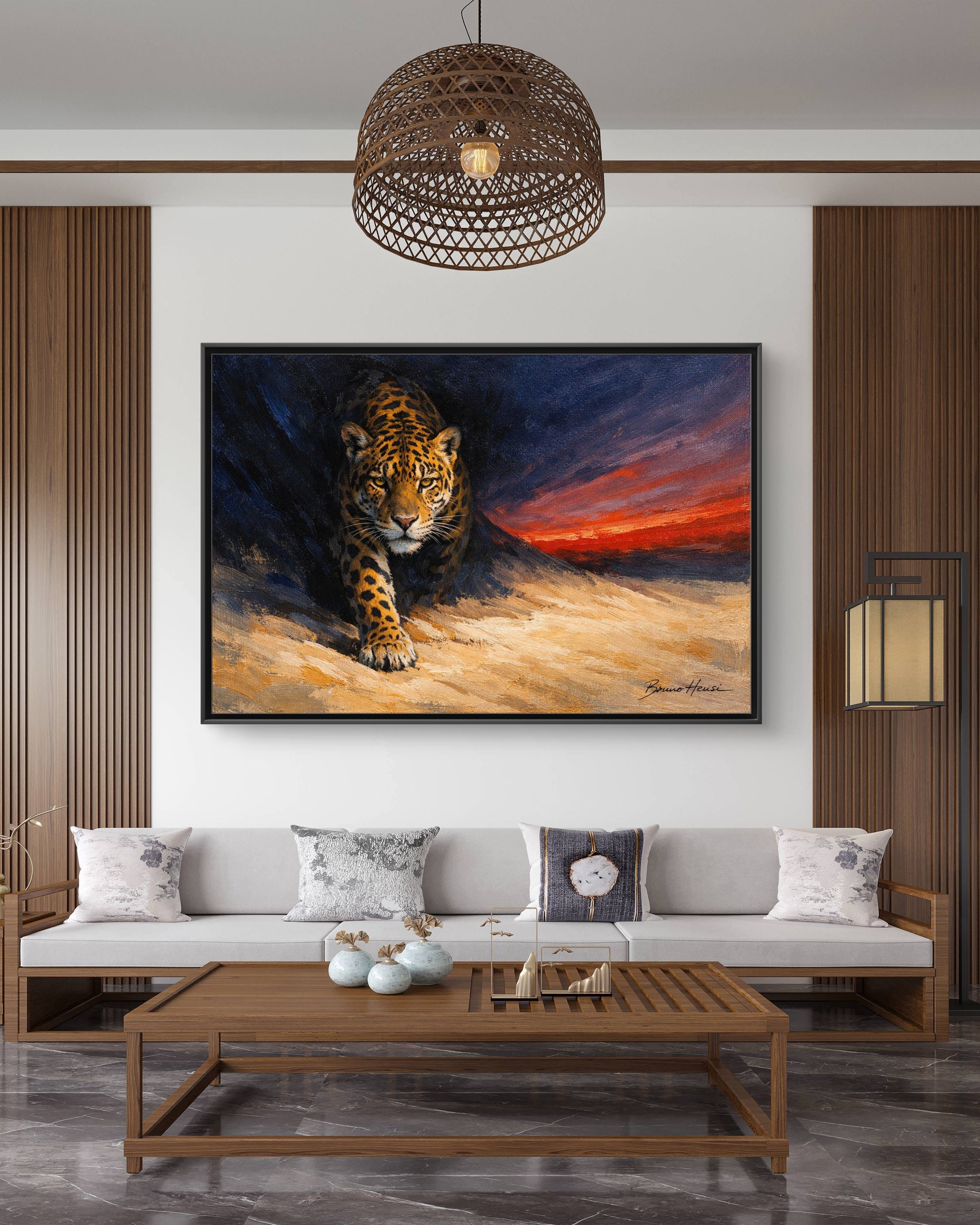 Framed Jaguar Canvas Art – Majestic Big Cat Painting with Sunset Sky