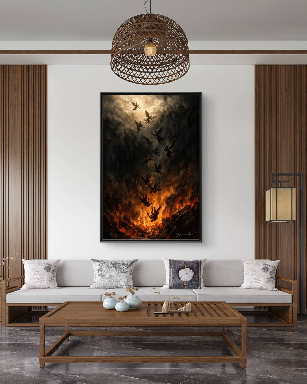 Falling Angels Matte Framed Canvas Print — Dark Fantasy Wall Art