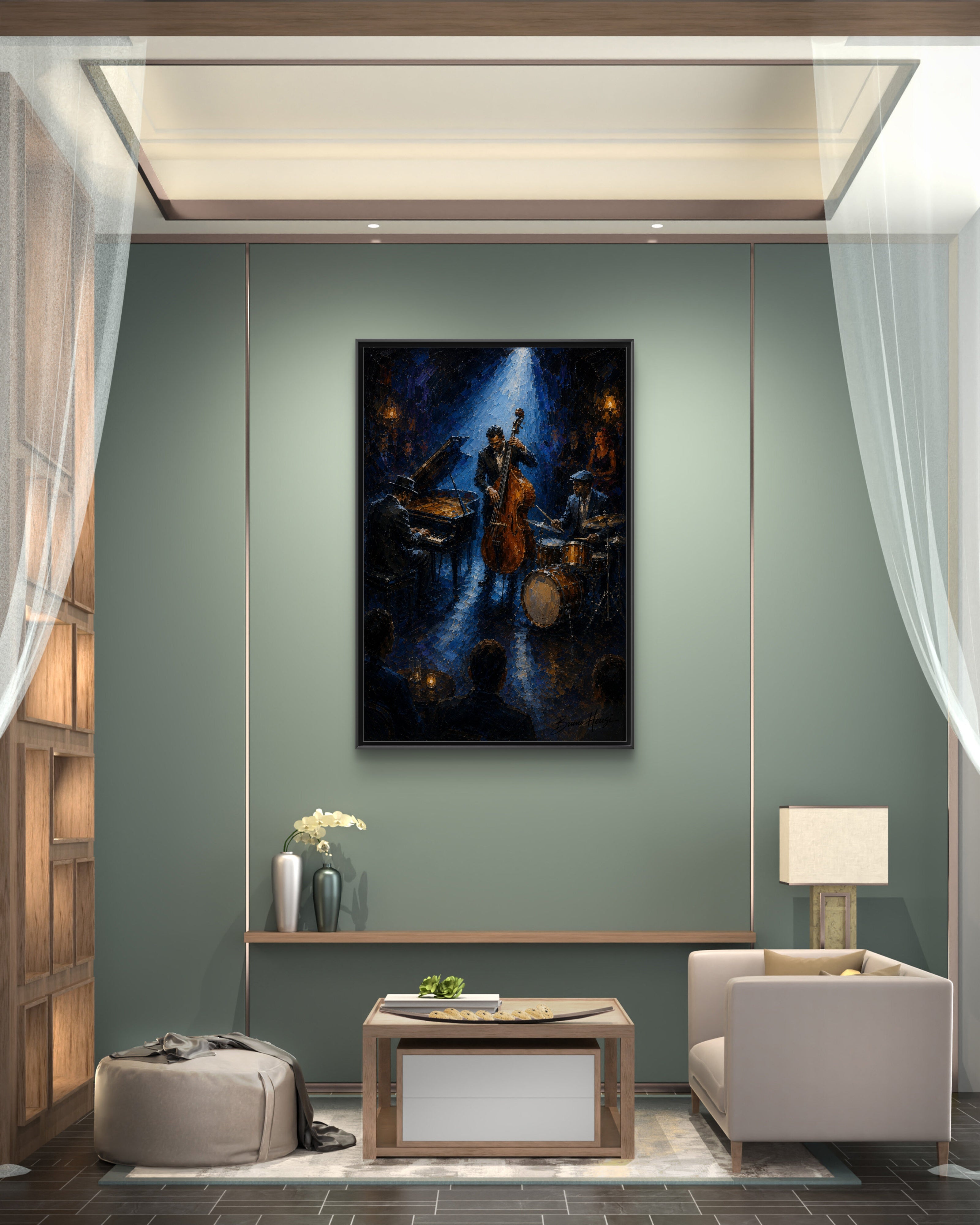 Framed Jazz Quartet Canvas Wall Art – Moody Blue Music Scene