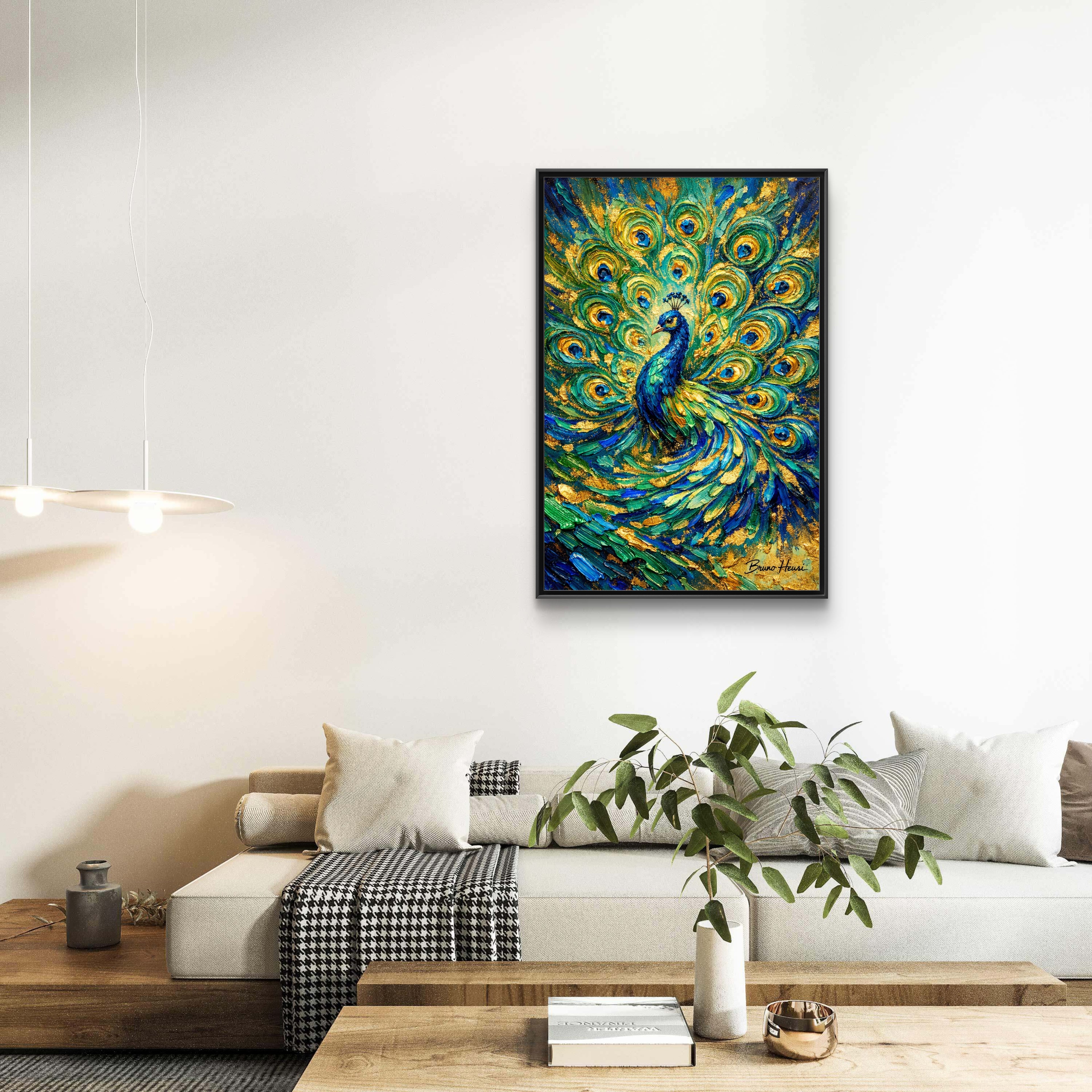 Peacock Oil-Style Framed Canvas Wall Art — Vibrant Blue & Gold Peacock Painting