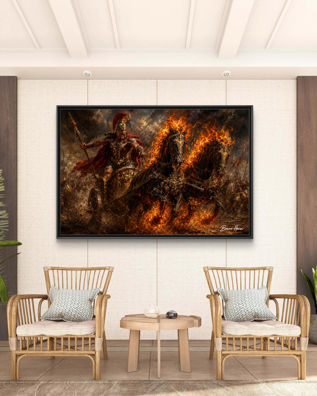 Flaming Chariot Framed Canvas Wall Art — Mythic Warrior Matte Print
