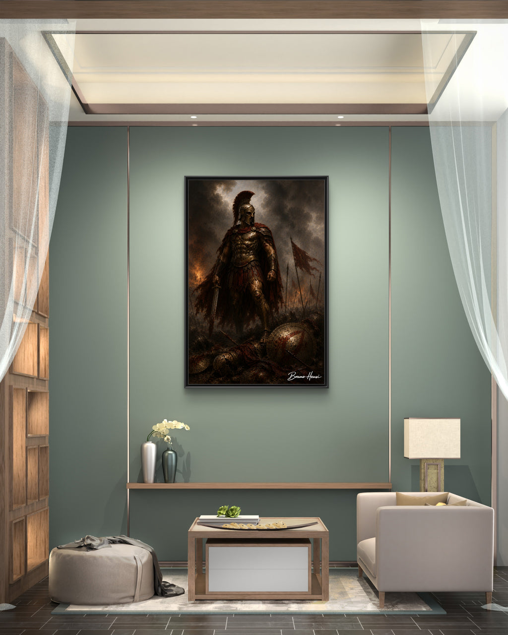 Framed Spartan Warrior Matte Canvas Print – Dramatic Ancient Battle Wall Art