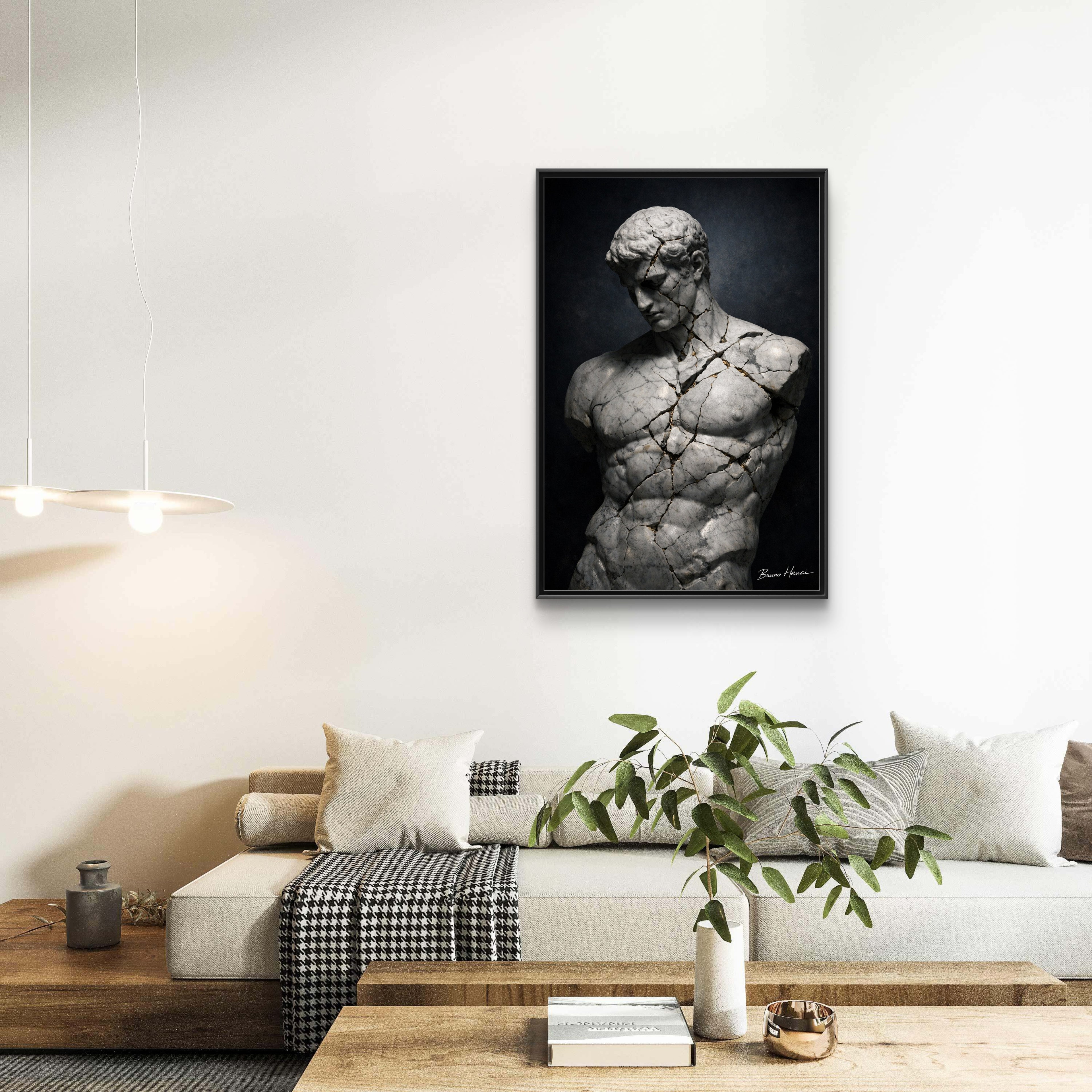Cracked Marble Bust Framed Canvas Wall Art — Classical Sculpture Print