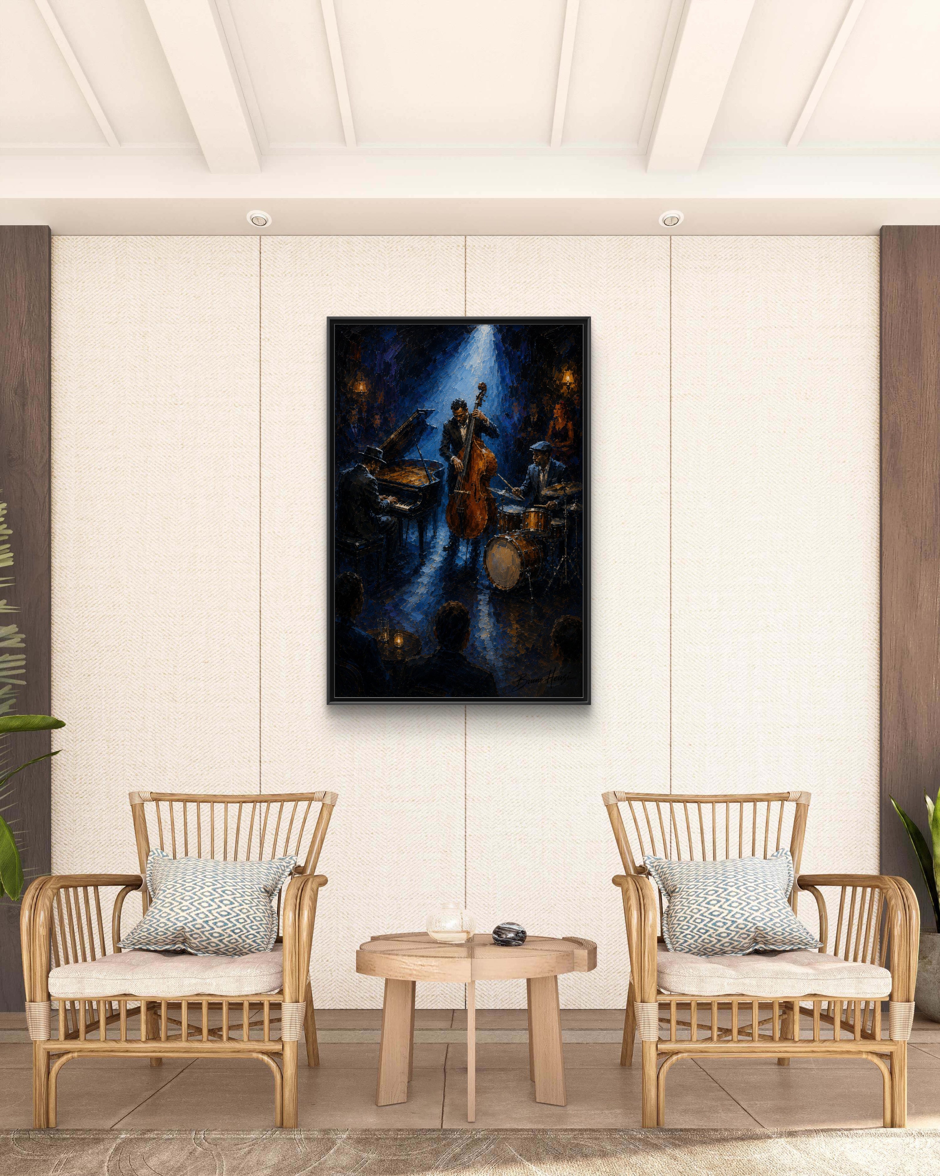 Framed Jazz Quartet Canvas Wall Art – Moody Blue Music Scene