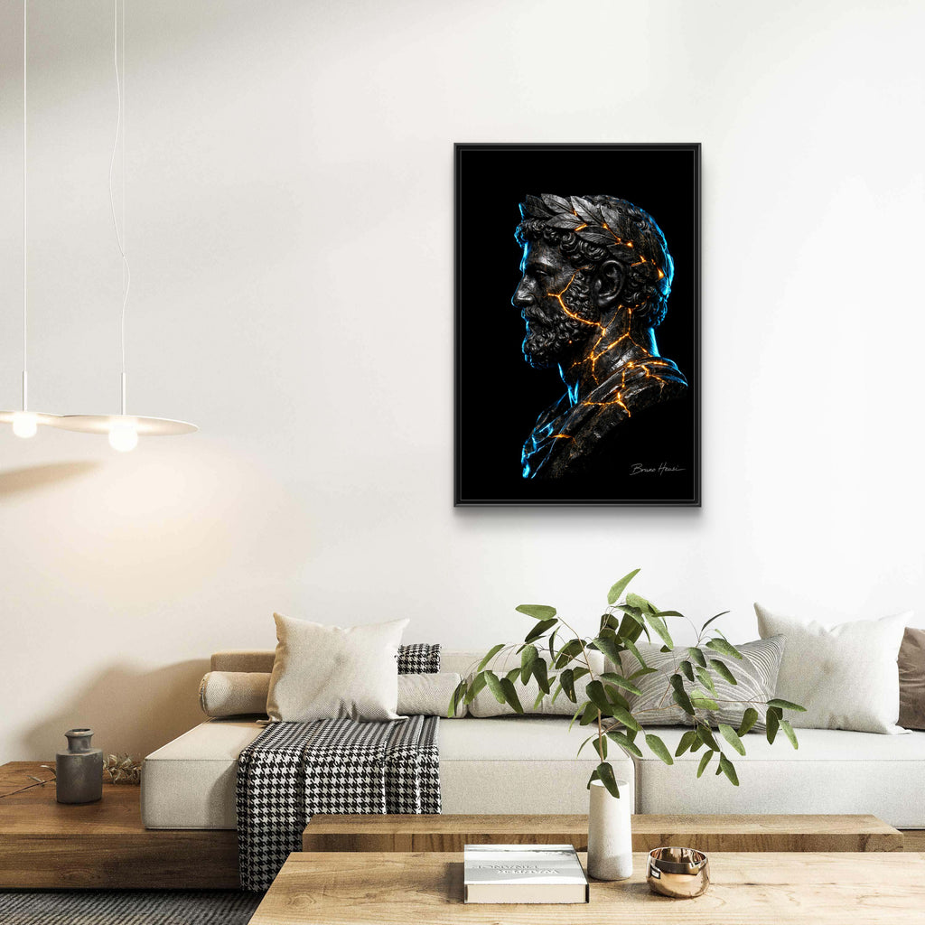 Roman Emperor Neon Bust Framed Canvas Wall Art — Modern Sculpture Print