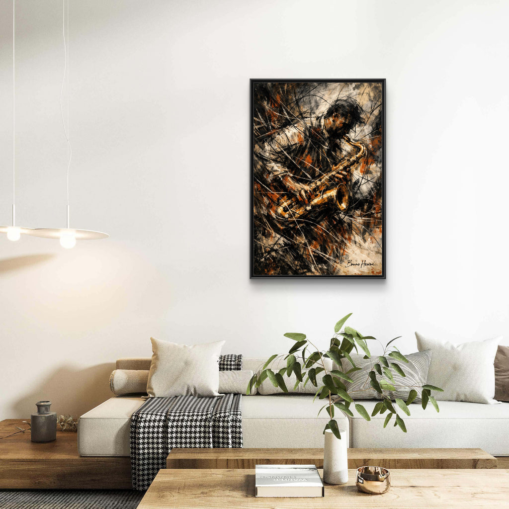 Saxophone Jazz Musician Framed Canvas Wall Art — Abstract Music Print