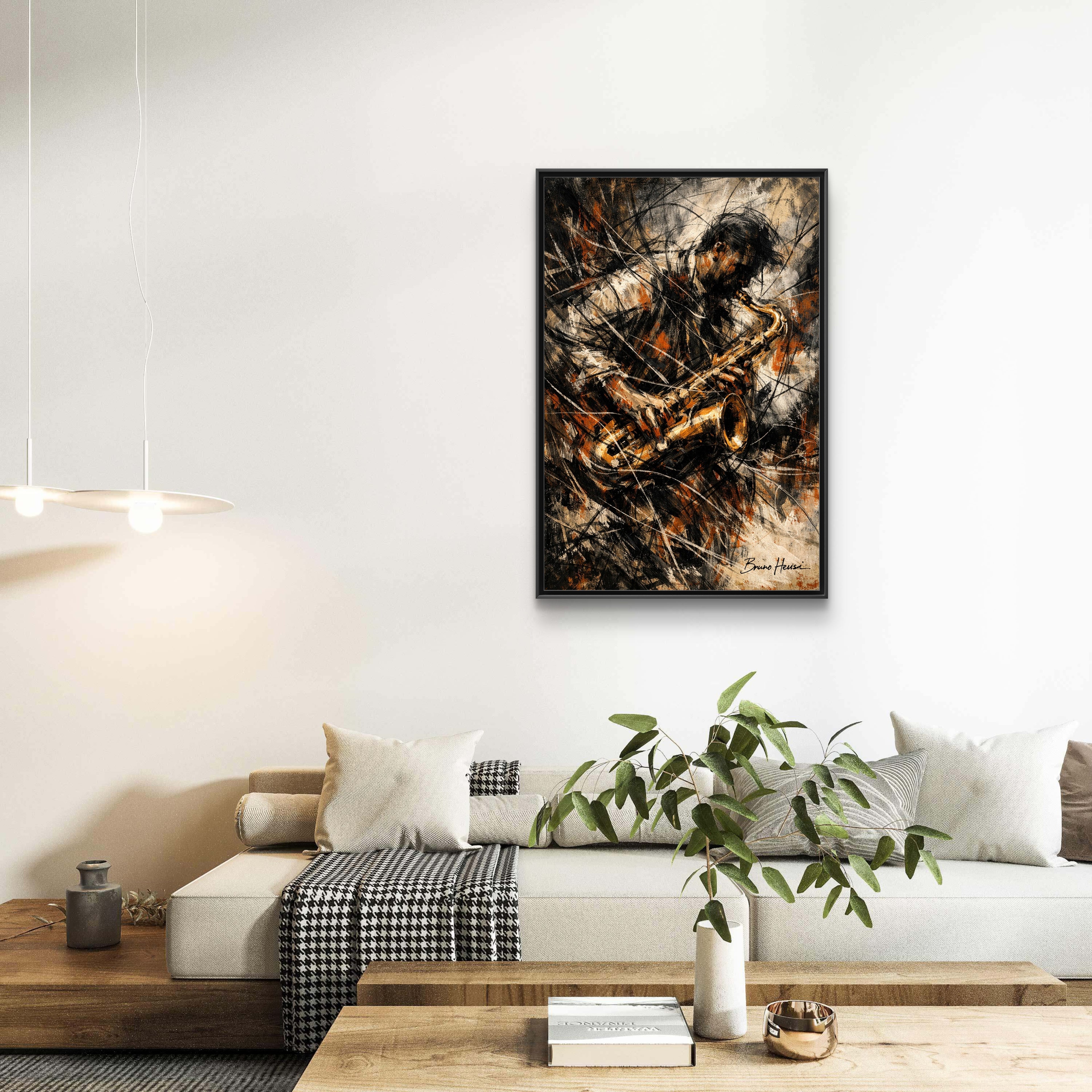 Saxophone Jazz Musician Framed Canvas Wall Art — Abstract Music Print