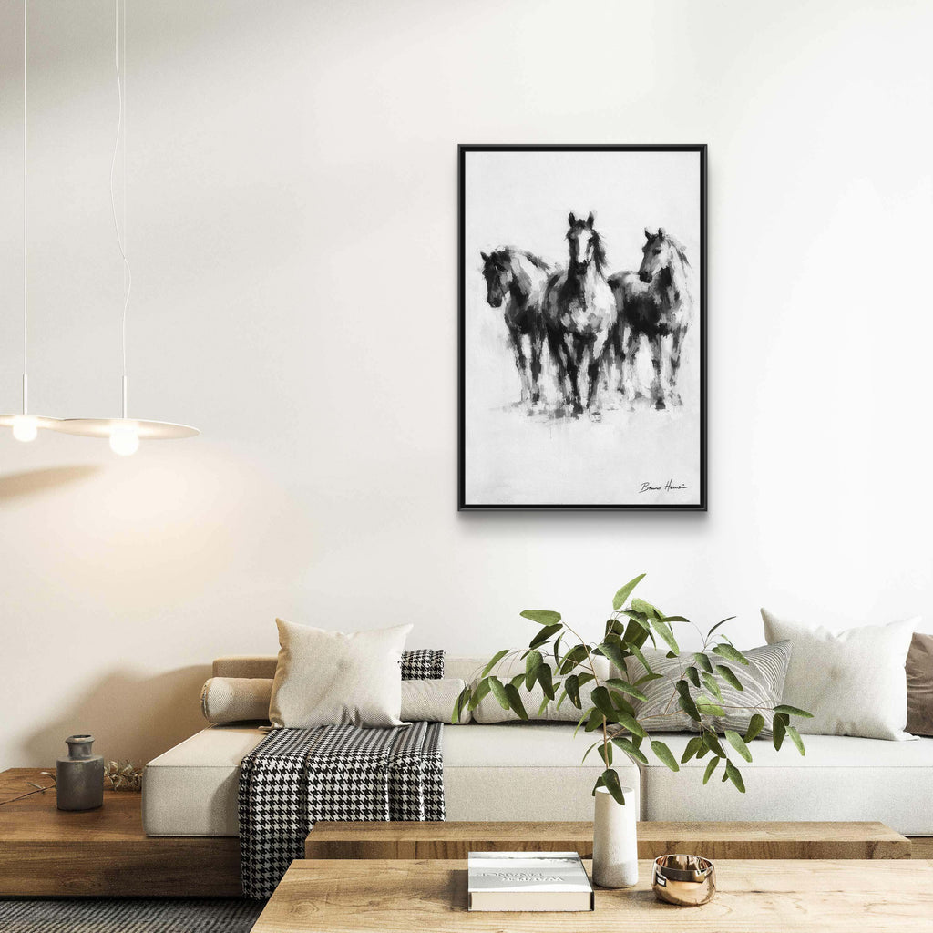 Framed Matte Canvas Print – Three Galloping Horses Black & White Wall Art