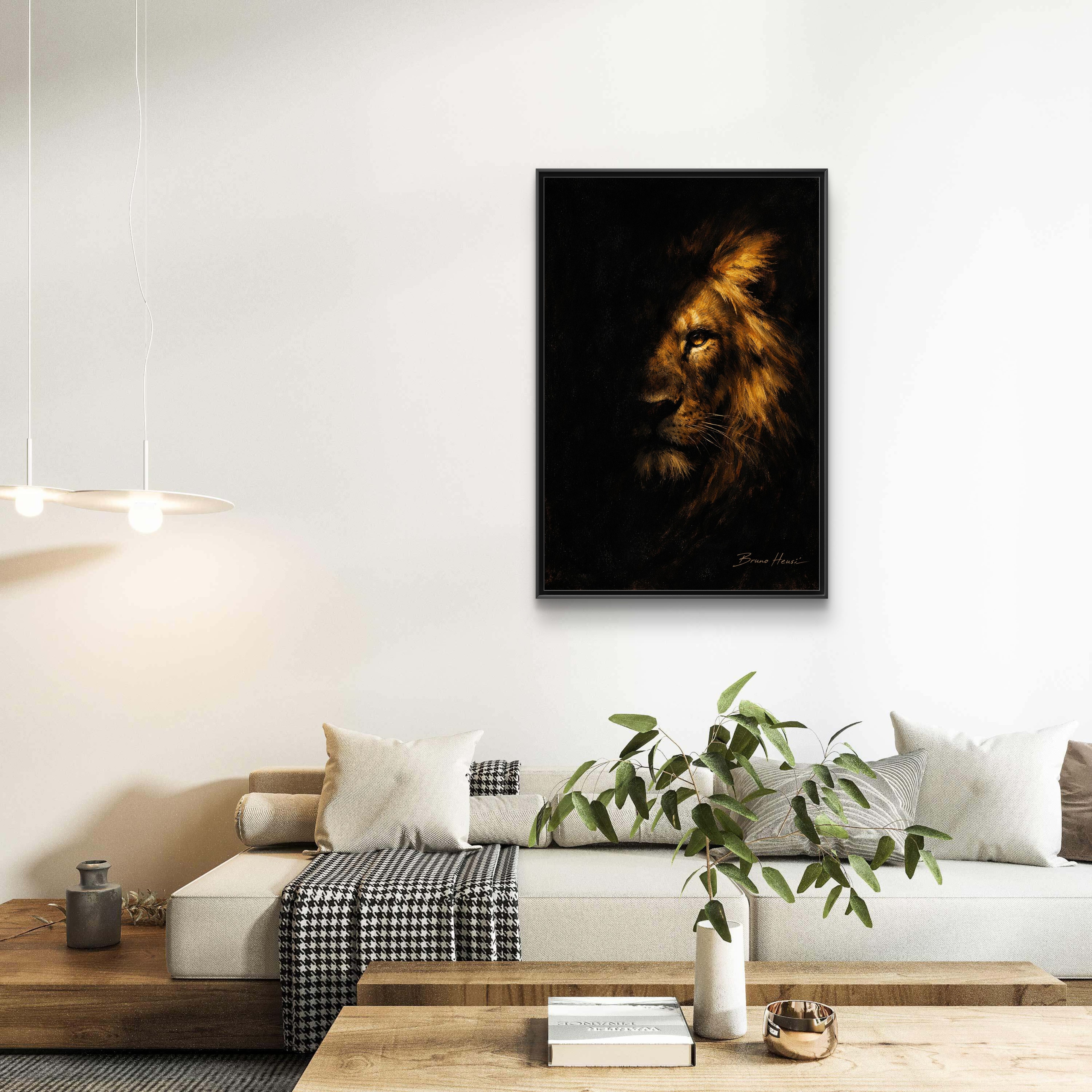 Majestic Lion Portrait Framed Canvas Wall Art — Golden Mane on Black Matte Print