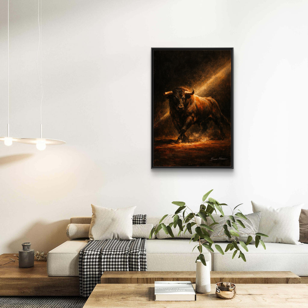 Framed Matte Canvas Art - Dramatic Charging Bull Painting