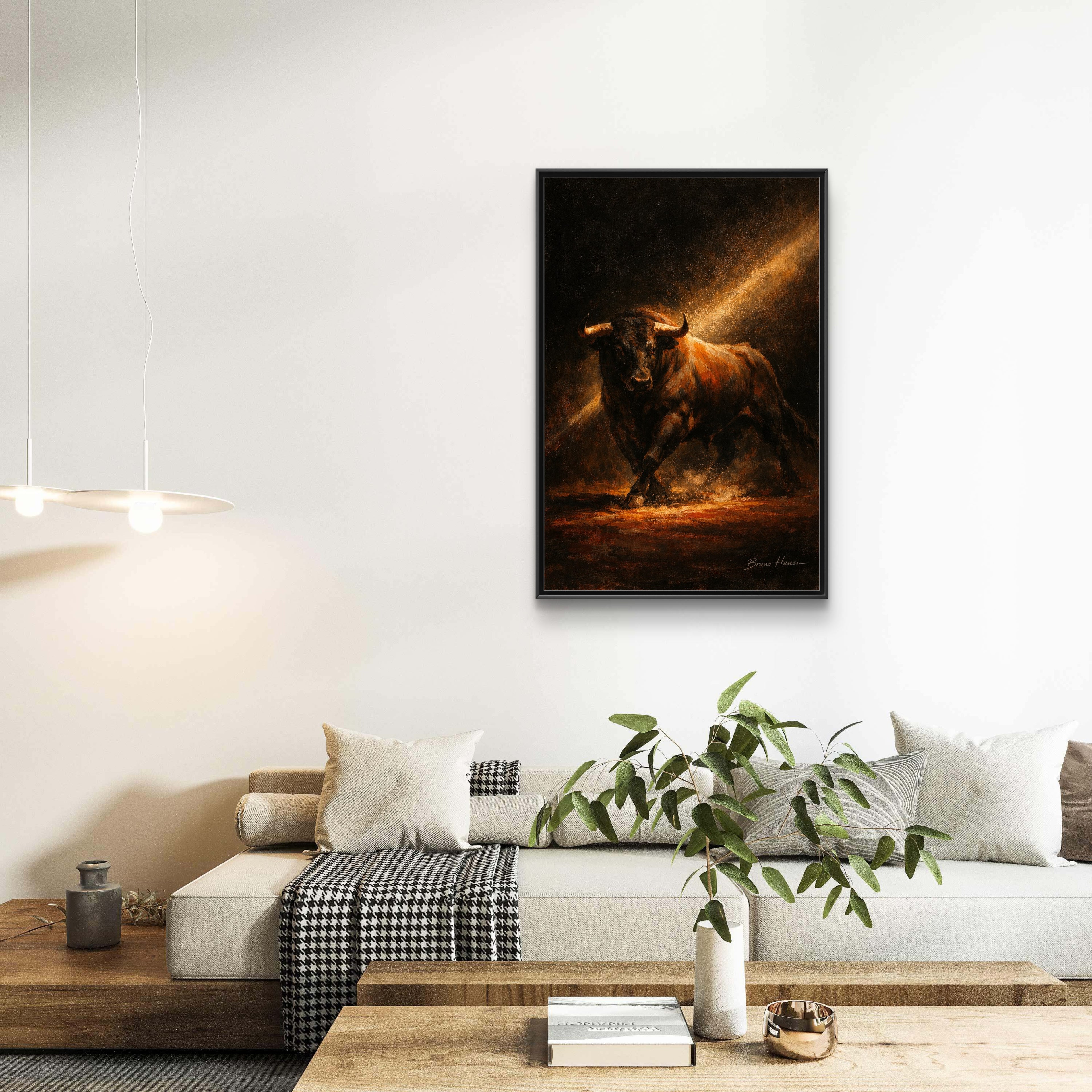 Framed Matte Canvas Art - Dramatic Charging Bull Painting