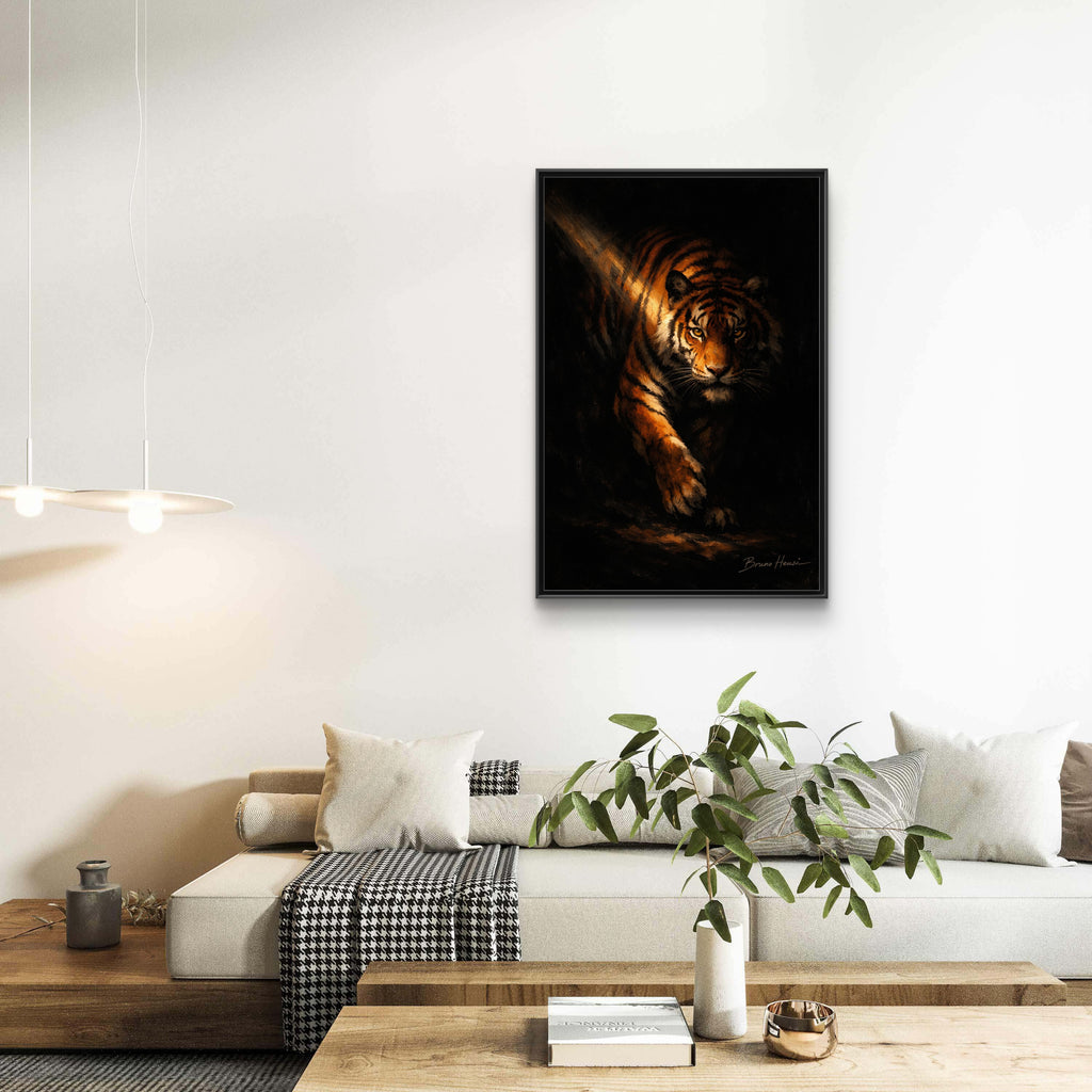 Tiger in the Shadows Matte Framed Canvas Print — Dramatic Wildlife Wall Art