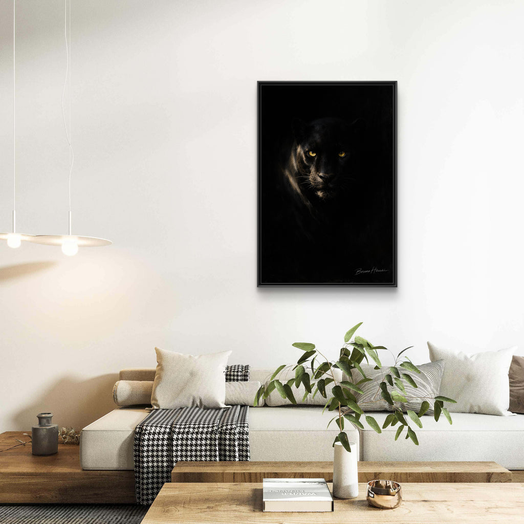 Framed Matte Canvas - Black Panther Wall Art with Golden Eyes