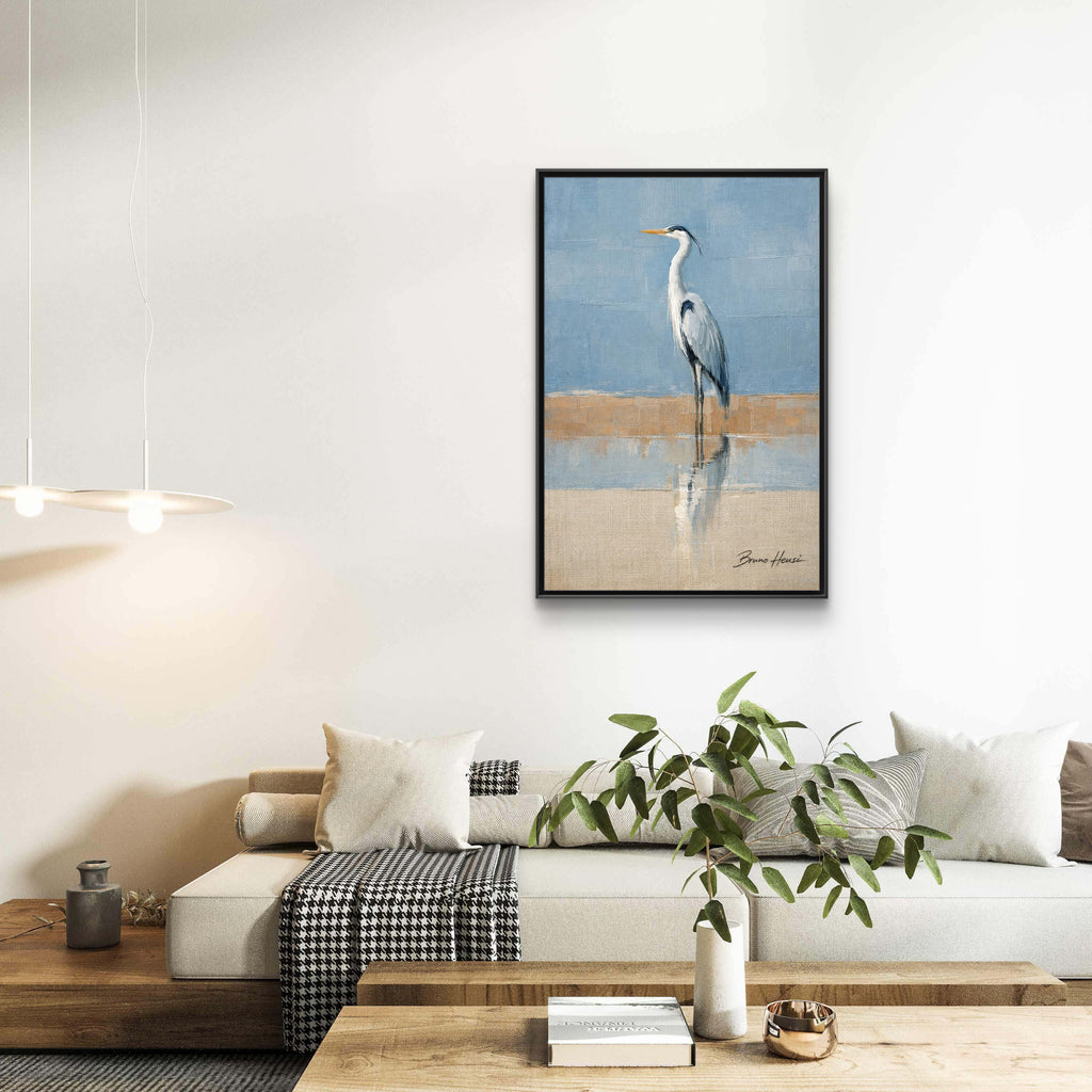 Framed Heron Canvas Art – Coastal Shorebird Wall Decor
