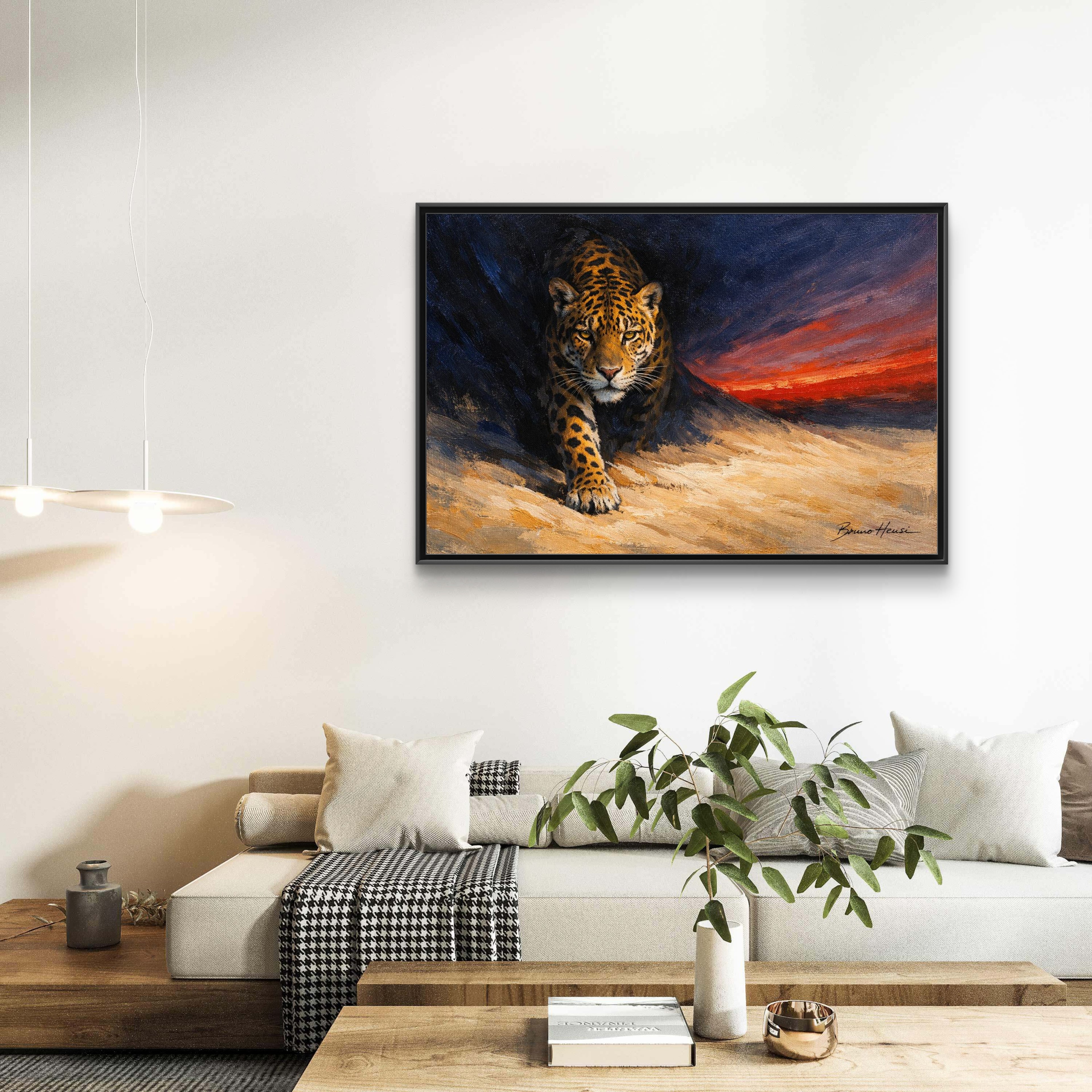 Framed Jaguar Canvas Art – Majestic Big Cat Painting with Sunset Sky
