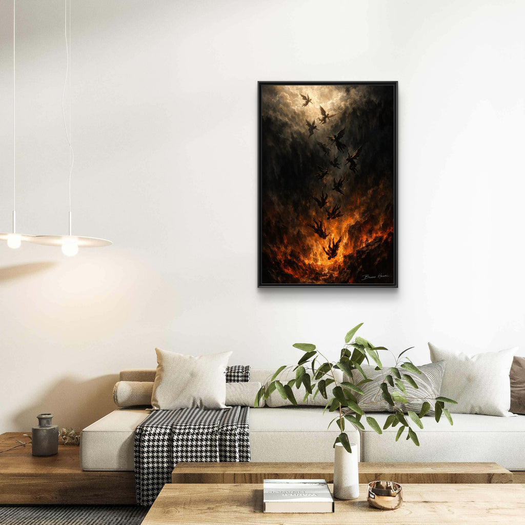 Falling Angels Matte Framed Canvas Print — Dark Fantasy Wall Art