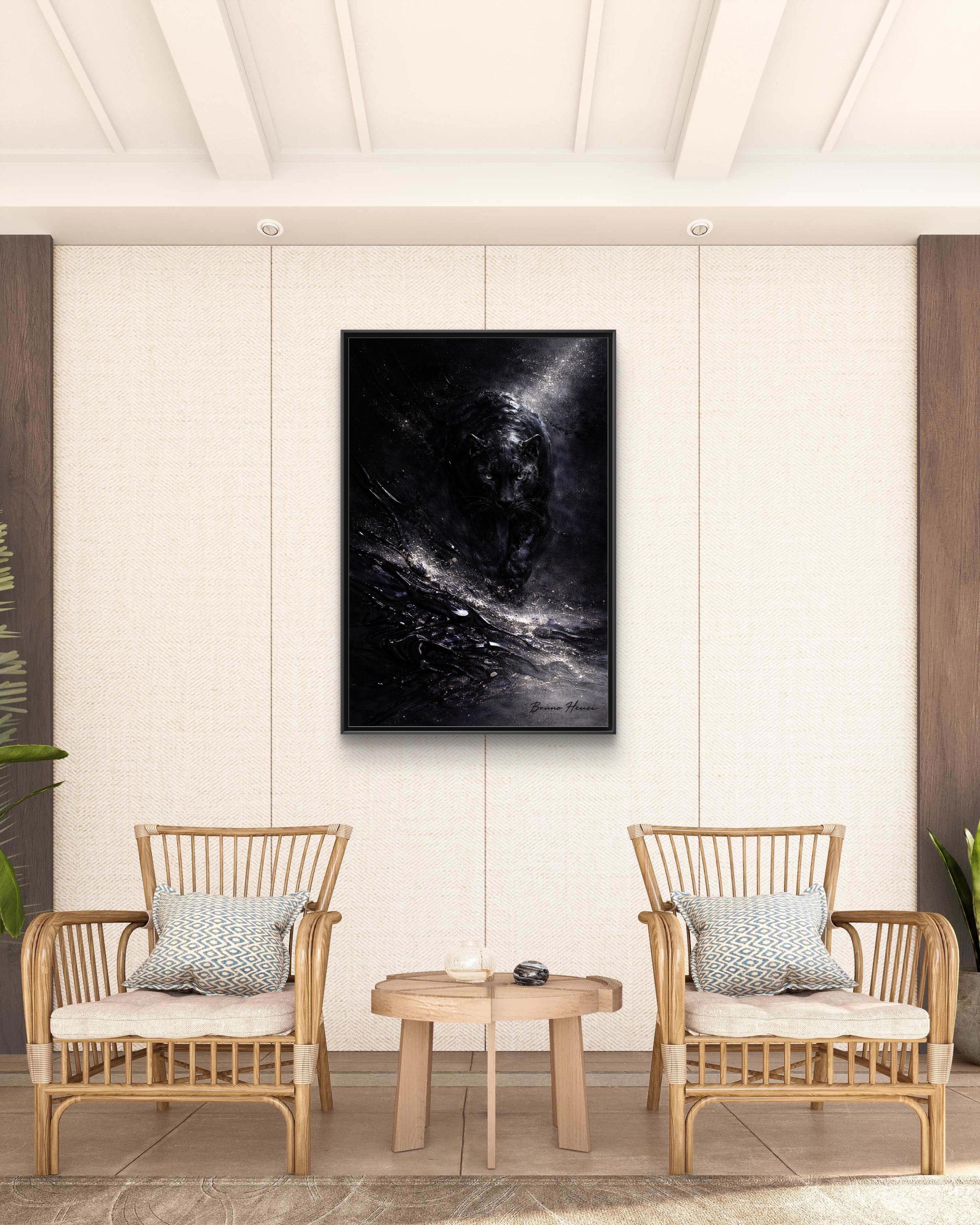 Cosmic Black Panther Matte Framed Canvas – Dark Abstract Wildlife Wall Art