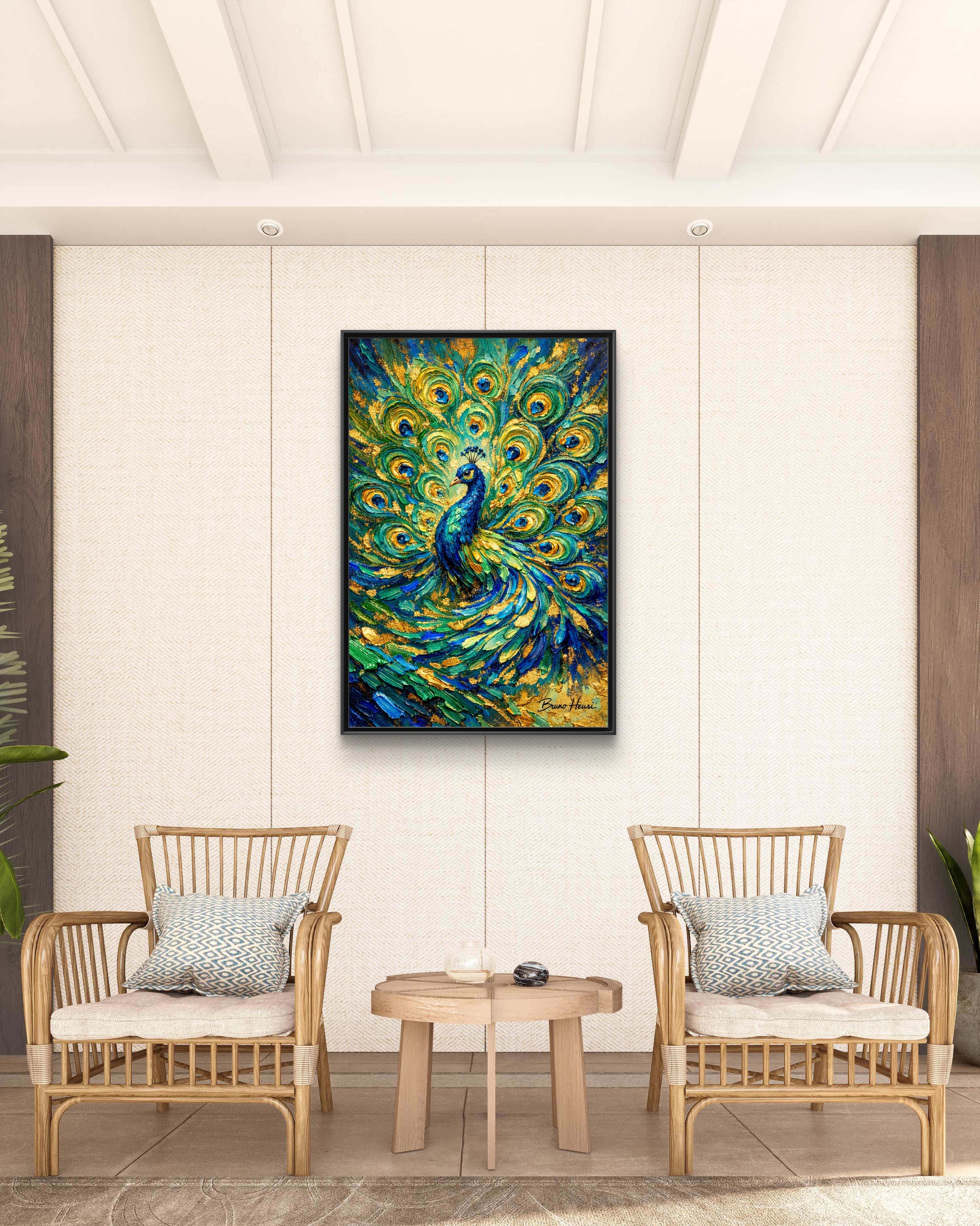 Peacock Oil-Style Framed Canvas Wall Art — Vibrant Blue & Gold Peacock Painting