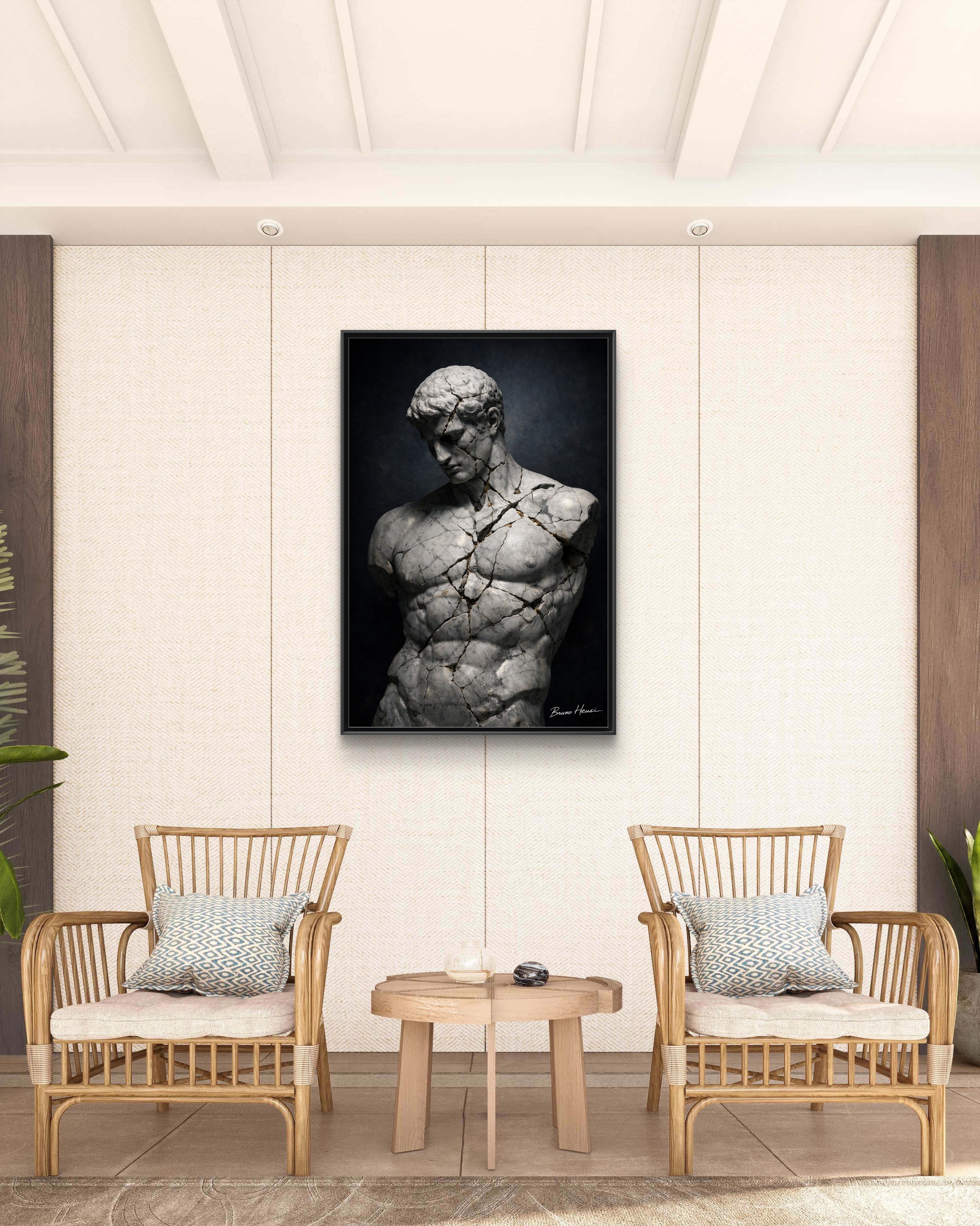 Cracked Marble Bust Framed Canvas Wall Art — Classical Sculpture Print
