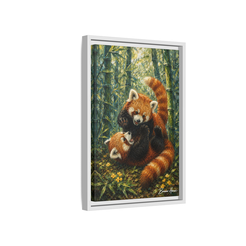 Red Panda Playtime Framed Canvas Wall Art — Playful Wildlife Print