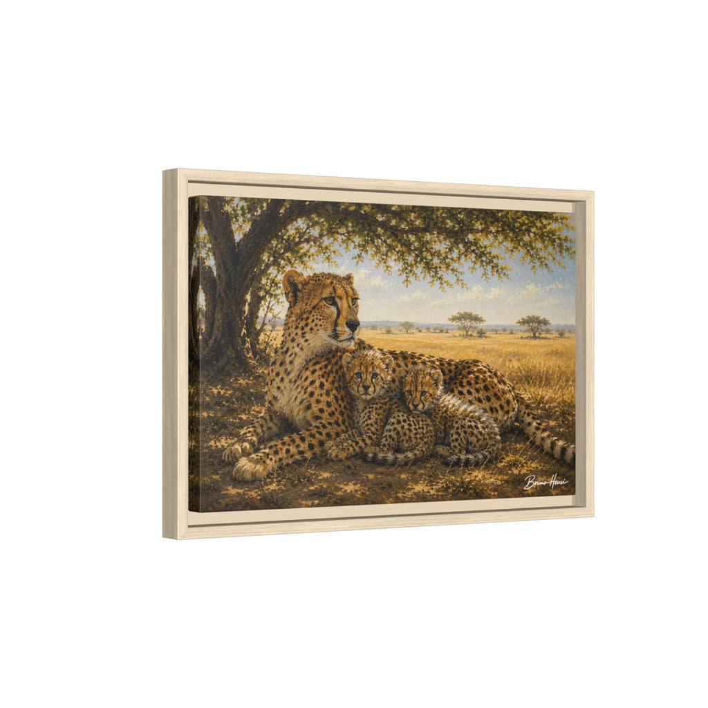 Cheetah Mother & Cubs Framed Canvas Wall Art – African Wildlife Safari Print
