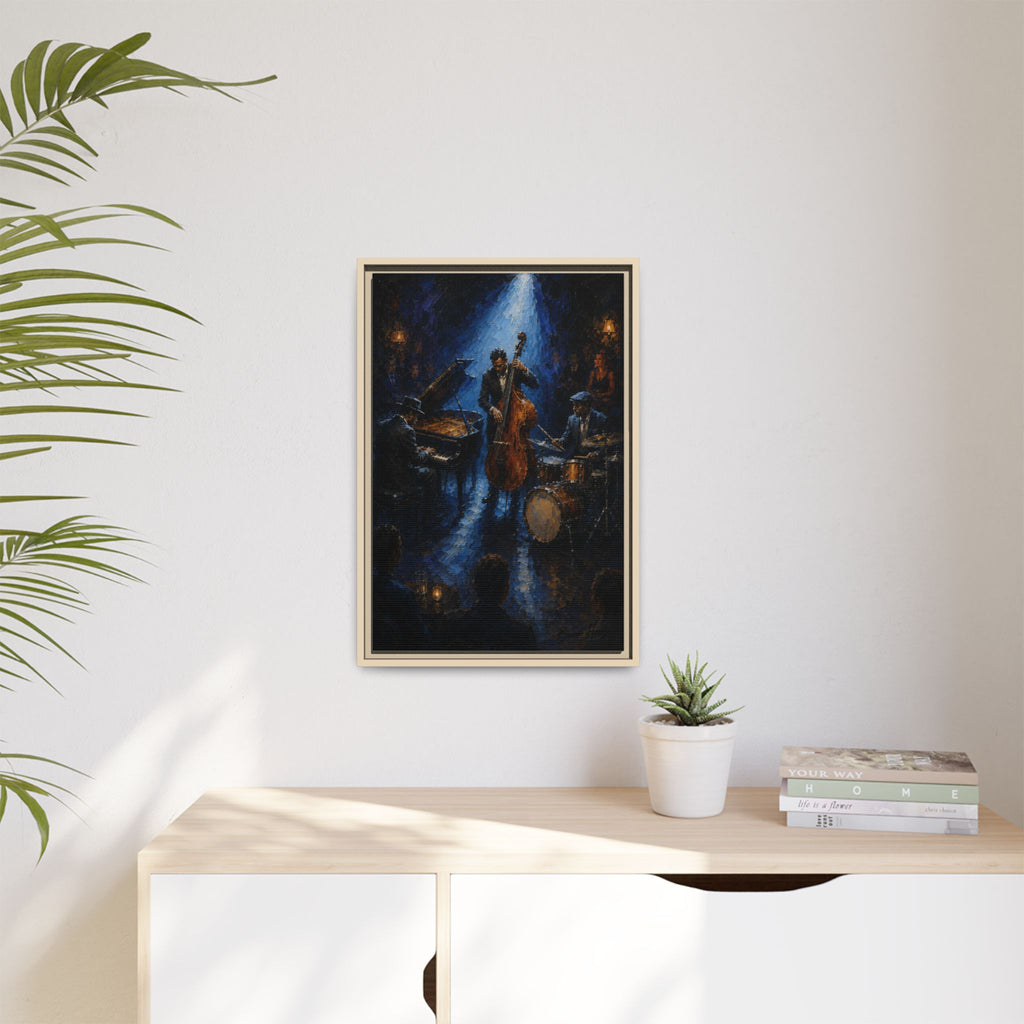 Framed Jazz Quartet Canvas Wall Art – Moody Blue Music Scene