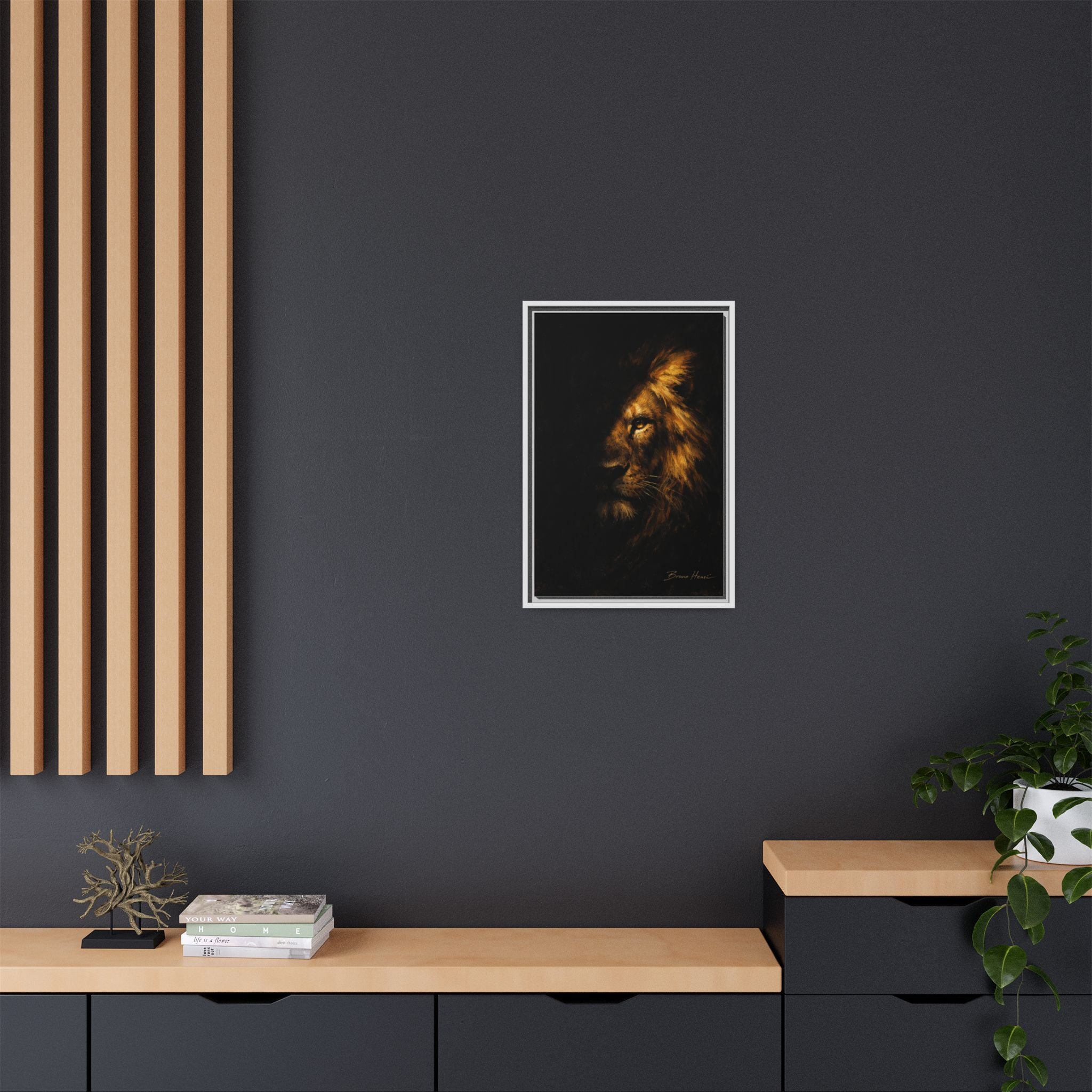 Majestic Lion Portrait Framed Canvas Wall Art — Golden Mane on Black Matte Print