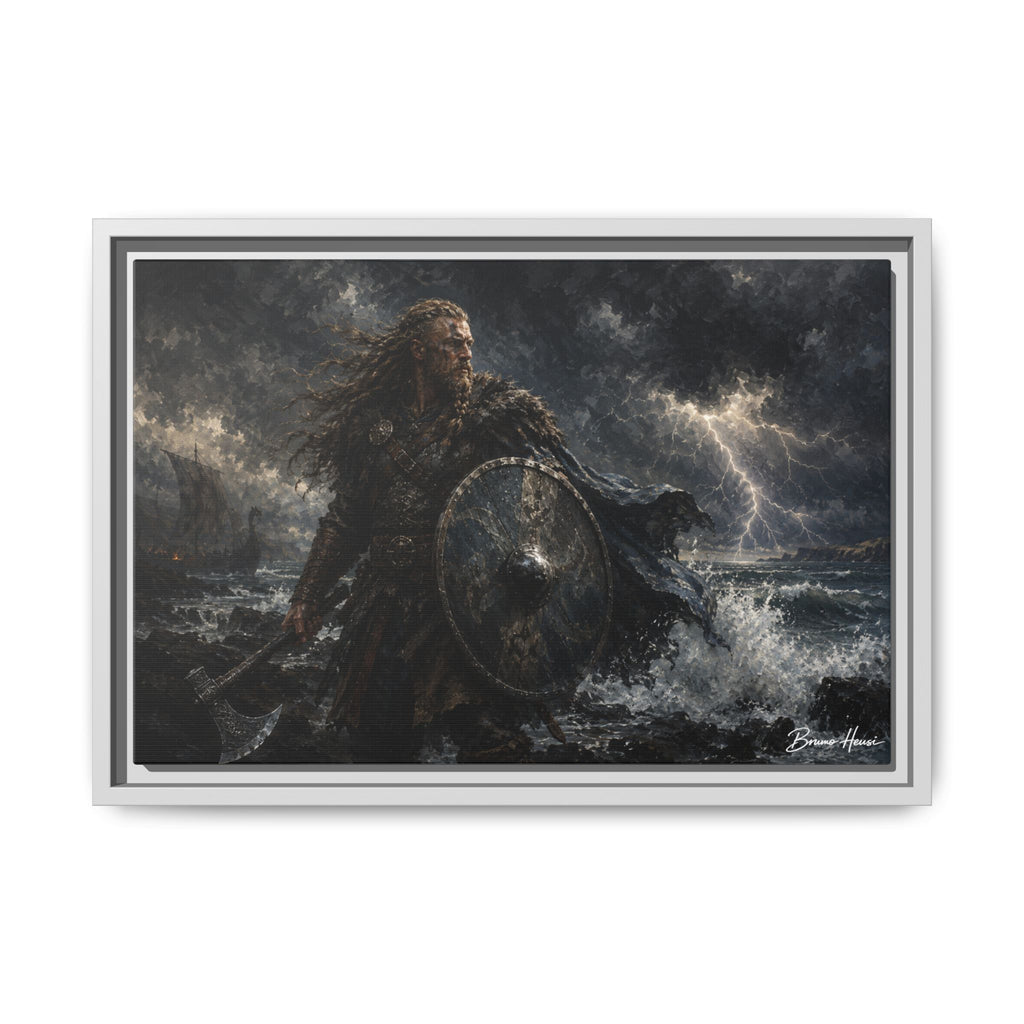 Viking Warrior Matte Framed Canvas Print — Stormy Norse Shield and Axe Wall Art