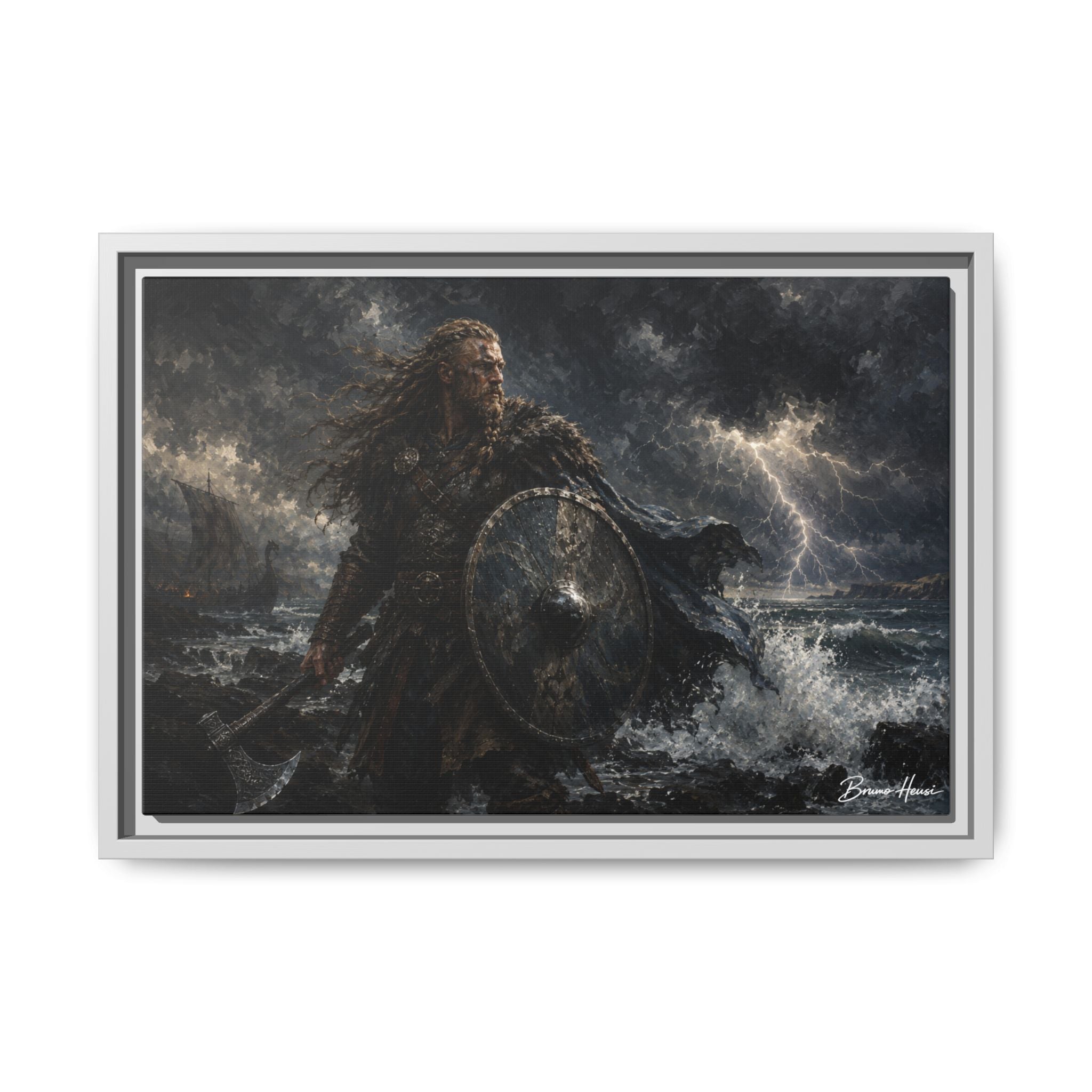 Viking Warrior Matte Framed Canvas Print — Stormy Norse Shield and Axe Wall Art