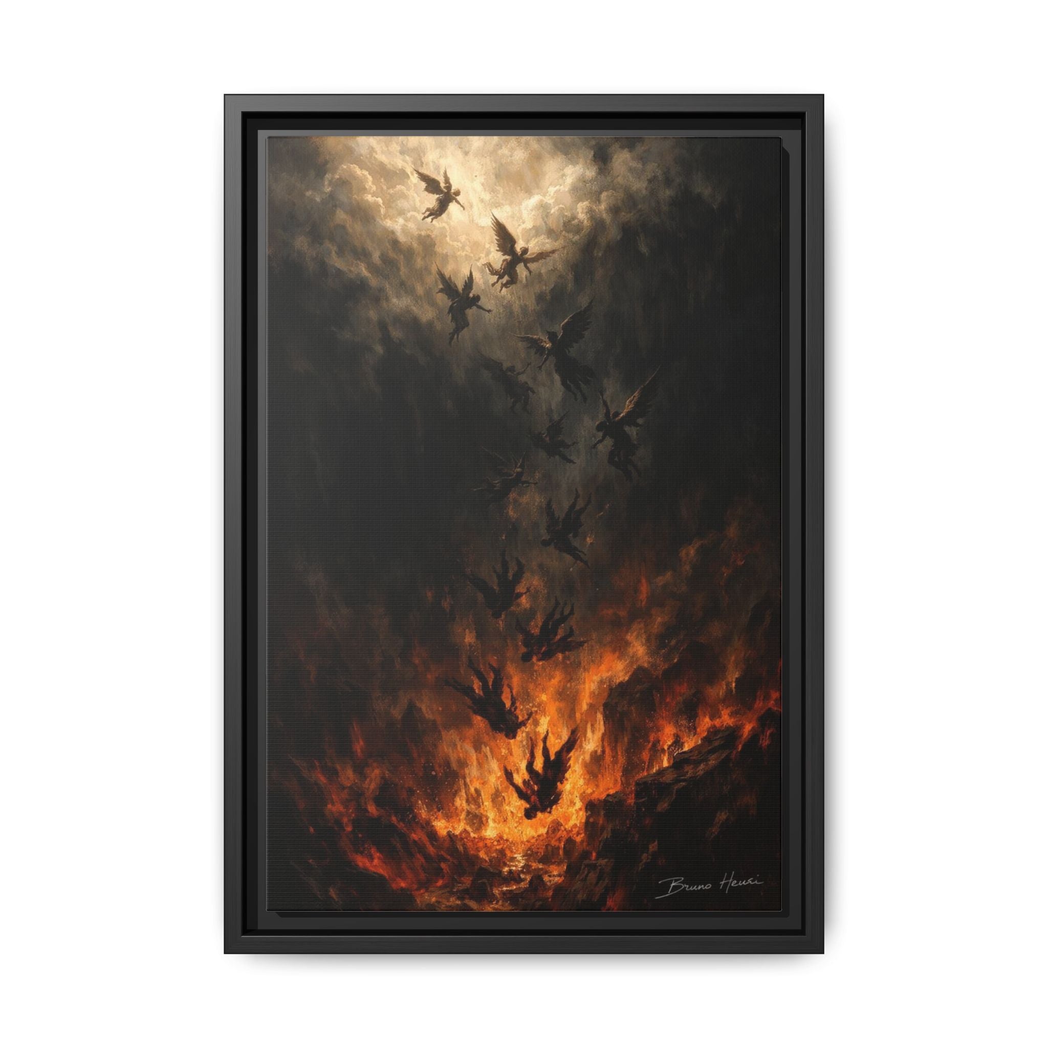 Falling Angels Matte Framed Canvas Print — Dark Fantasy Wall Art