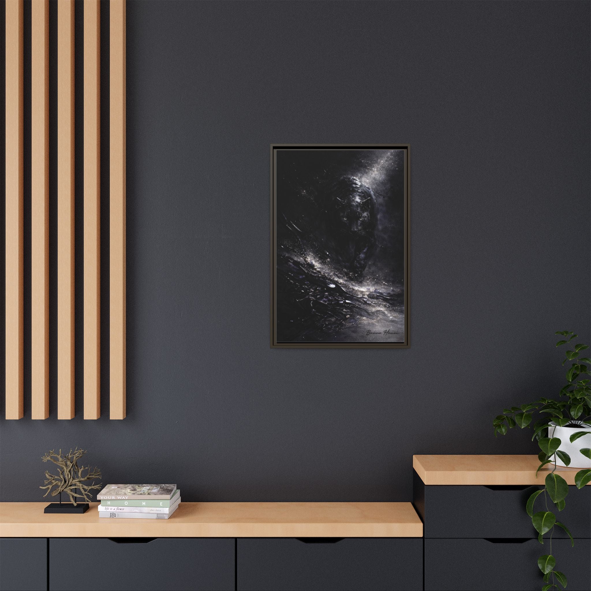 Cosmic Black Panther Matte Framed Canvas – Dark Abstract Wildlife Wall Art