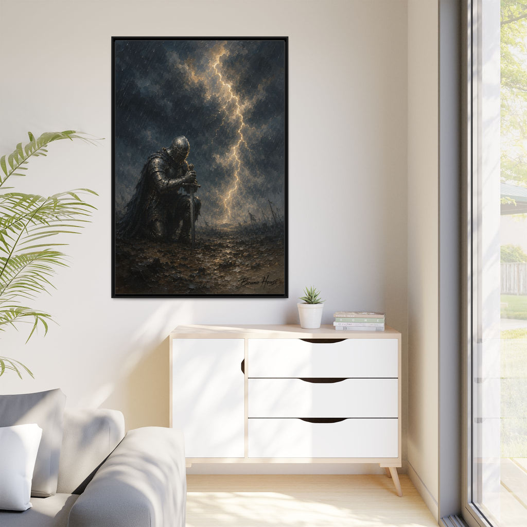 Knight in Thunderstorm Matte Framed Canvas — Dark Fantasy Wall Art