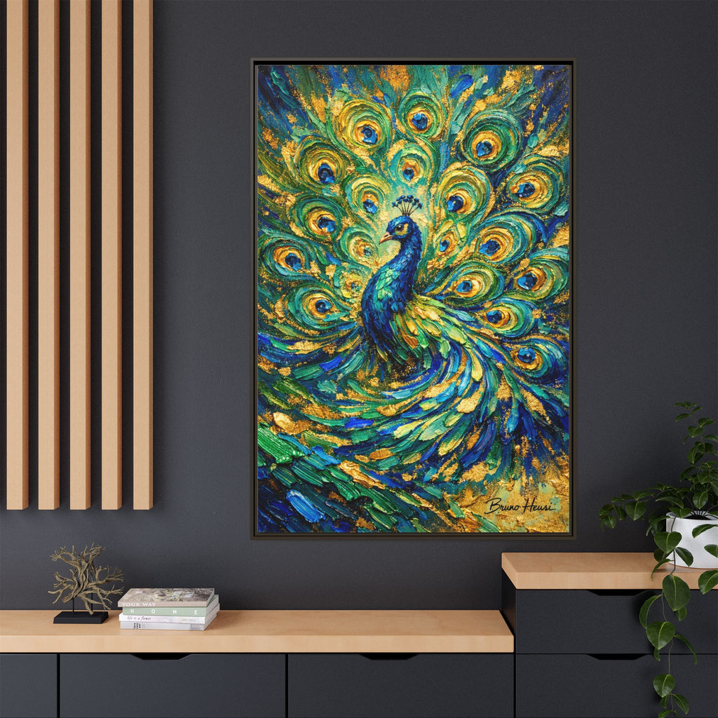 Peacock Oil-Style Framed Canvas Wall Art — Vibrant Blue & Gold Peacock Painting