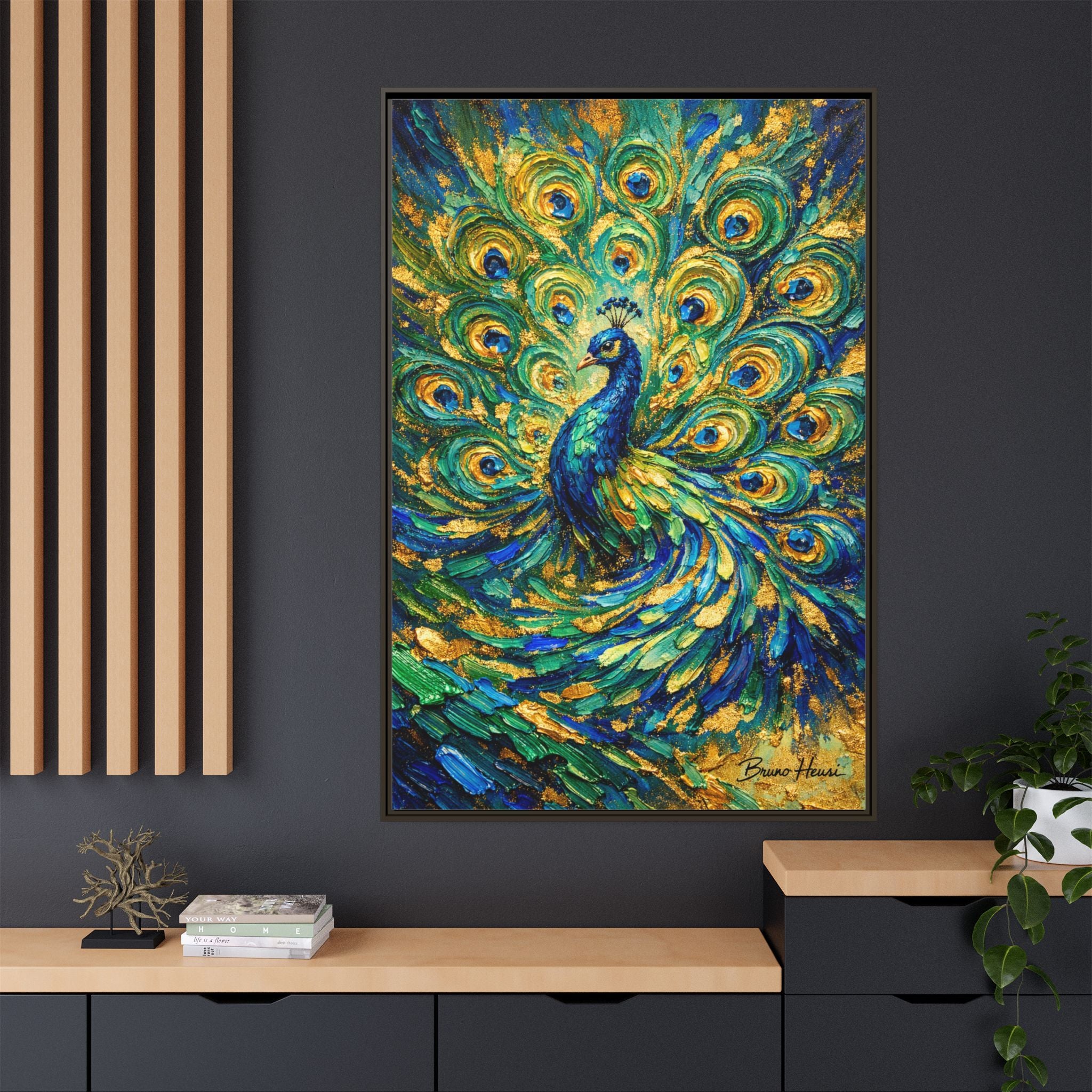 Peacock Oil-Style Framed Canvas Wall Art — Vibrant Blue & Gold Peacock Painting