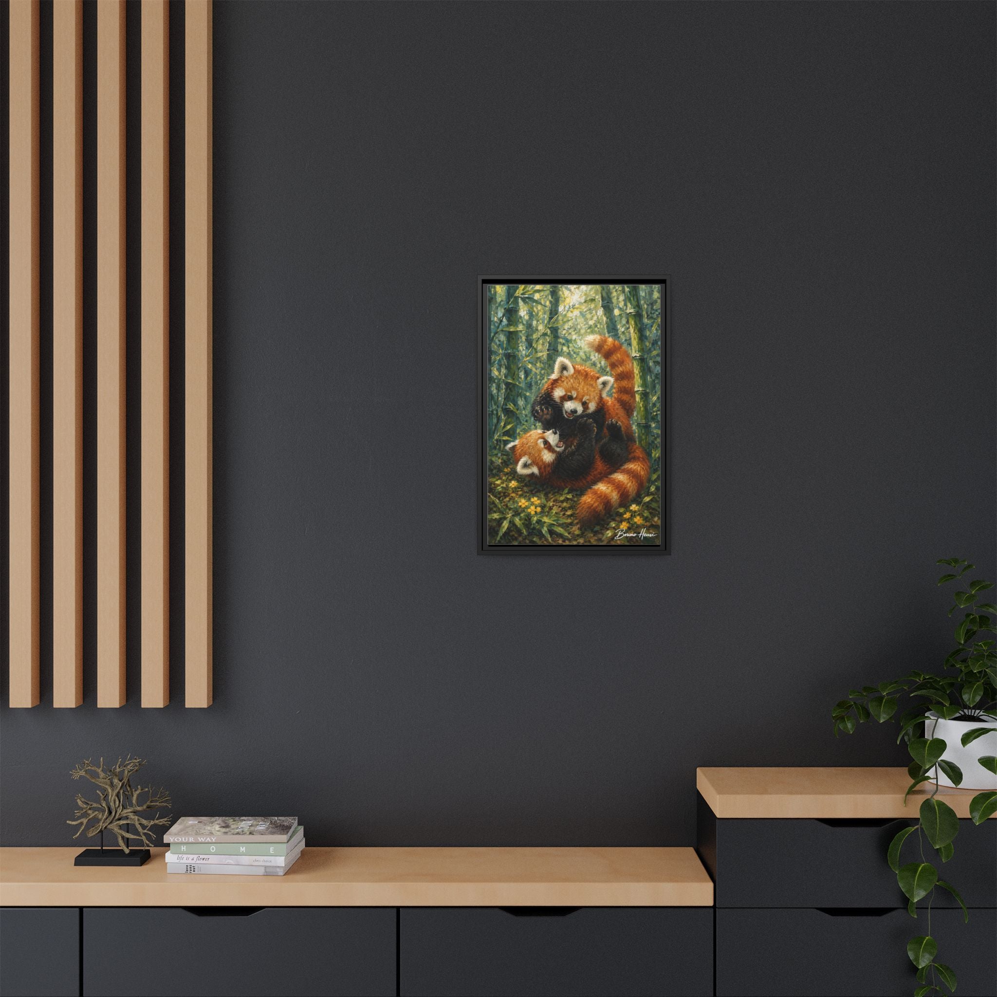 Red Panda Playtime Framed Canvas Wall Art — Playful Wildlife Print
