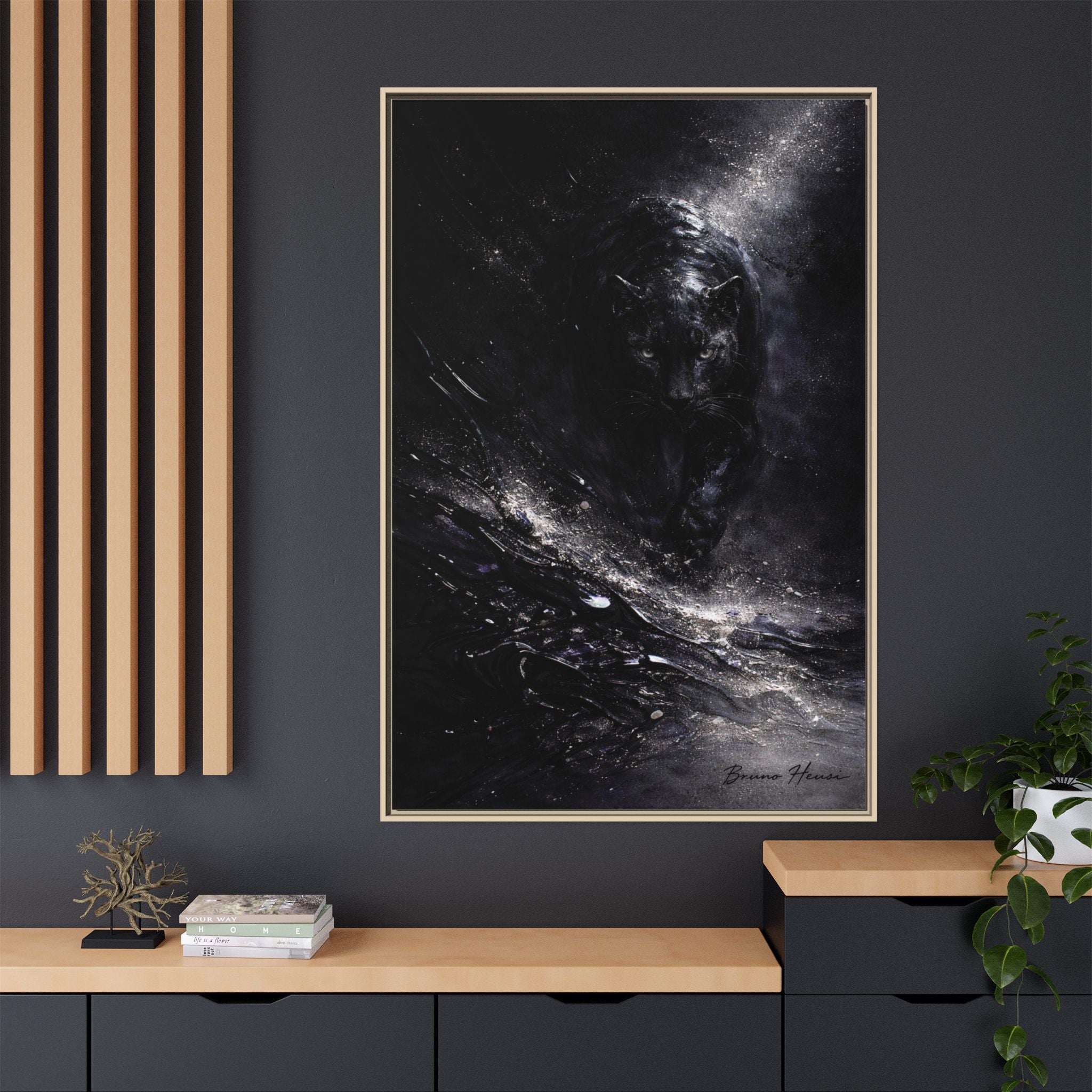 Cosmic Black Panther Matte Framed Canvas – Dark Abstract Wildlife Wall Art