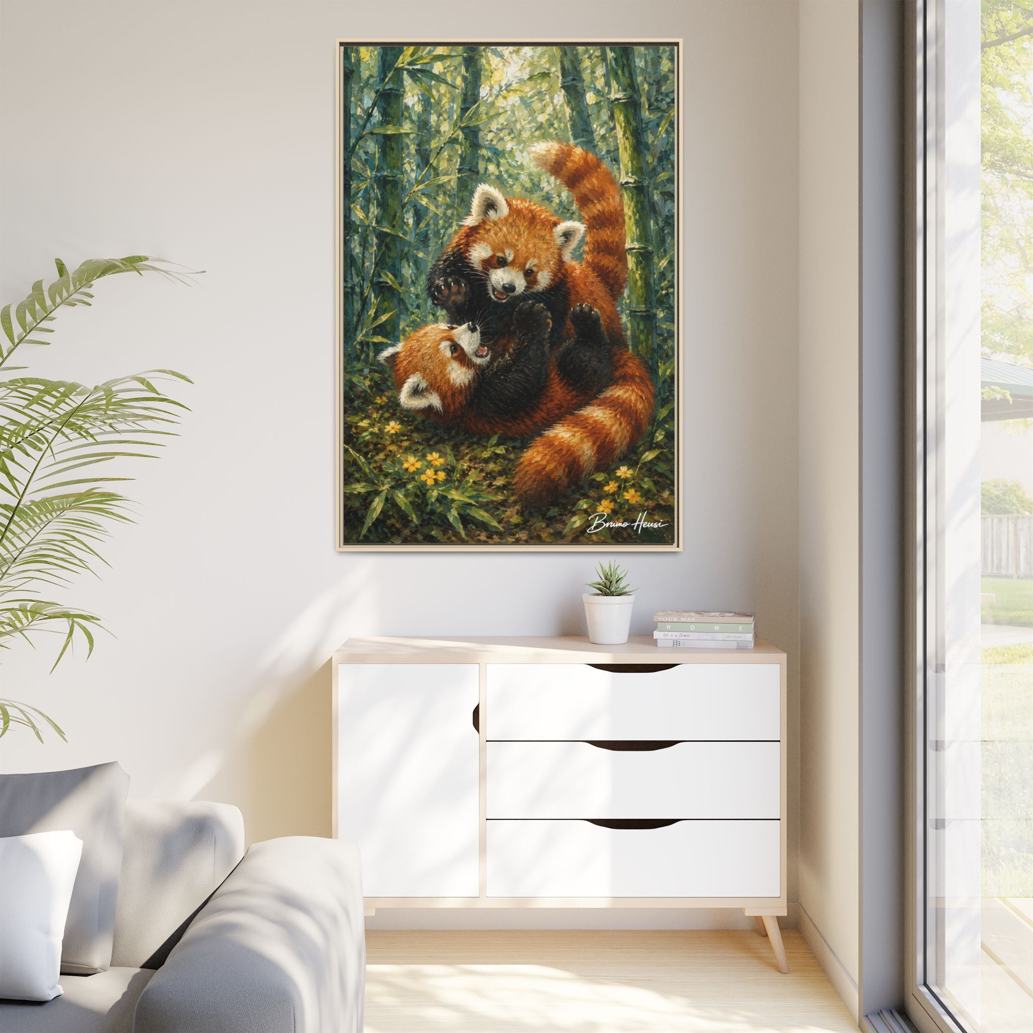 Red Panda Playtime Framed Canvas Wall Art — Playful Wildlife Print