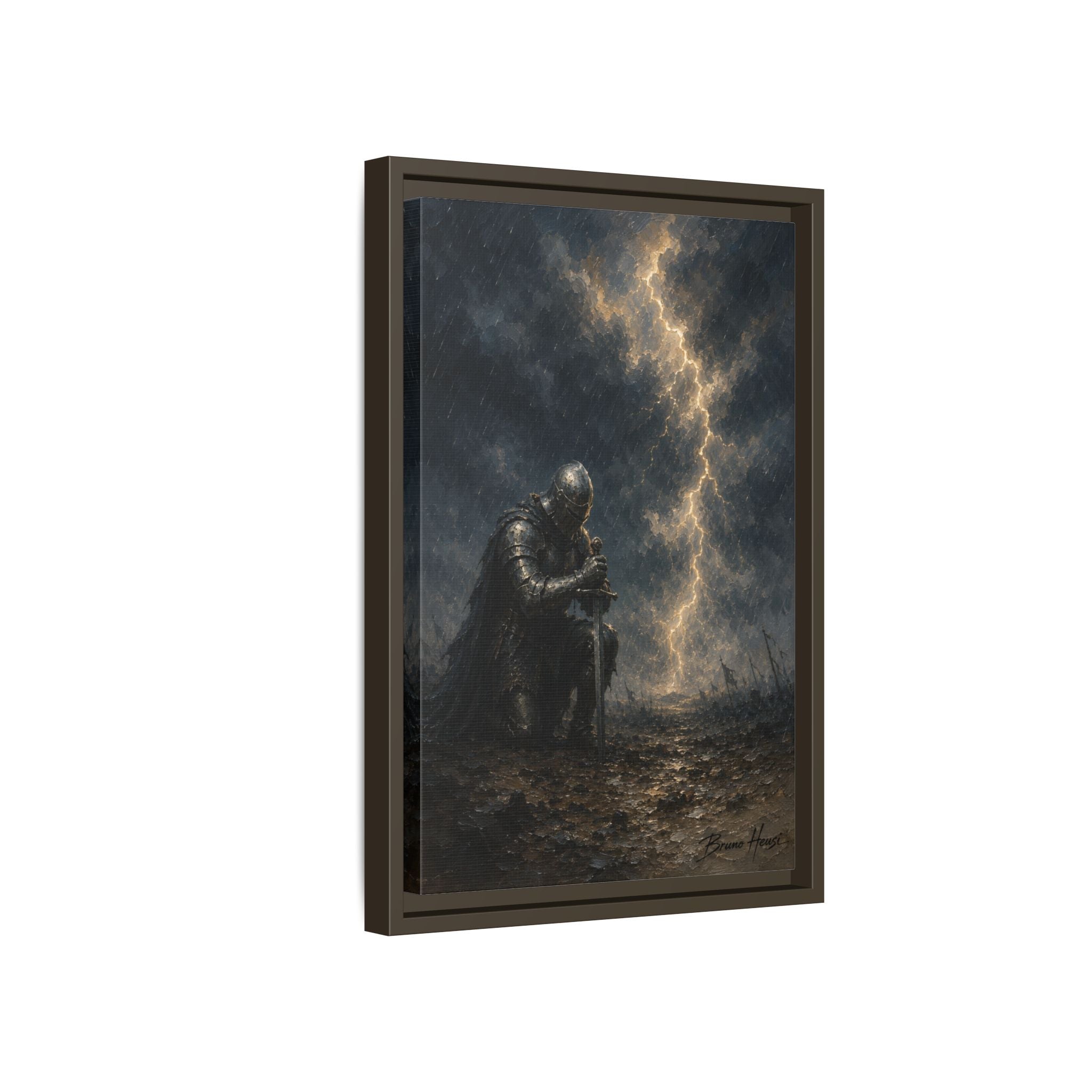Knight in Thunderstorm Matte Framed Canvas — Dark Fantasy Wall Art