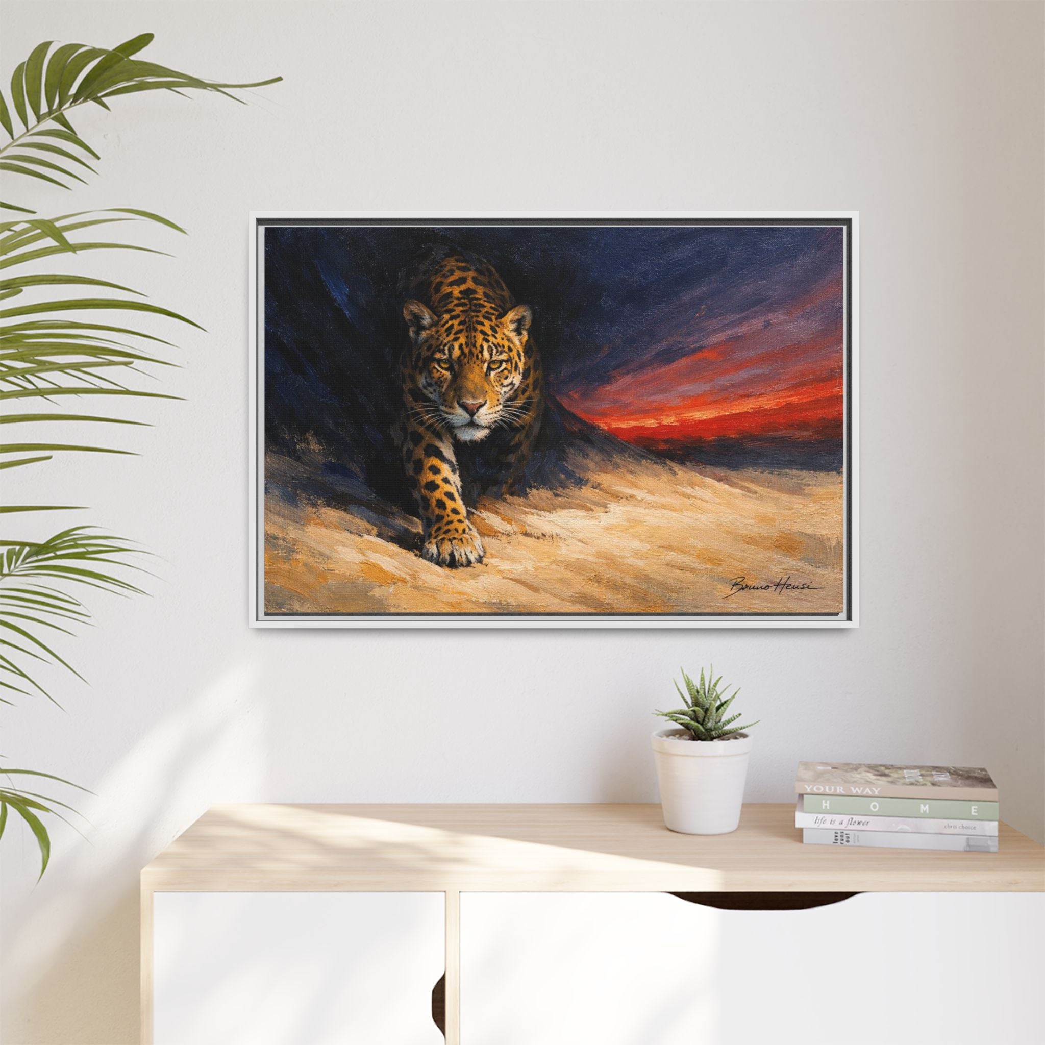 Framed Jaguar Canvas Art – Majestic Big Cat Painting with Sunset Sky