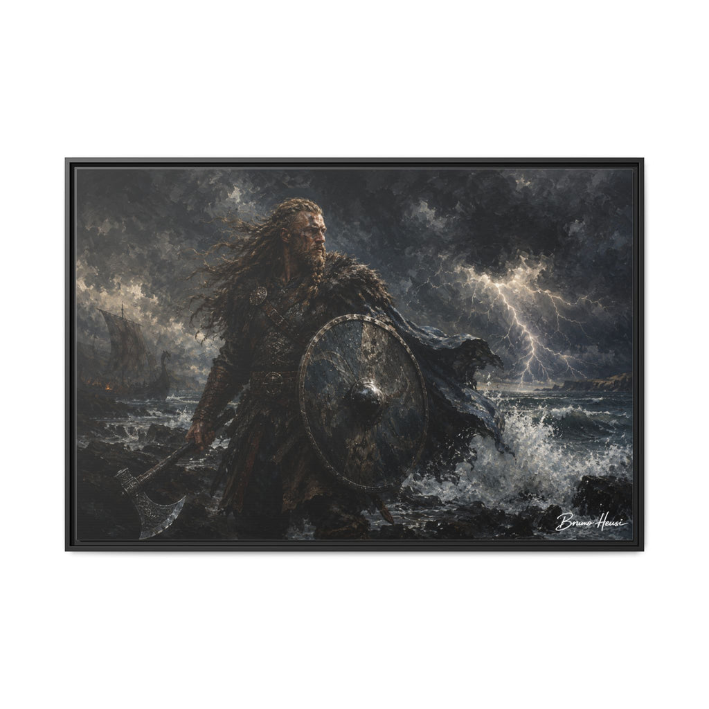 Viking Warrior Matte Framed Canvas Print — Stormy Norse Shield and Axe Wall Art