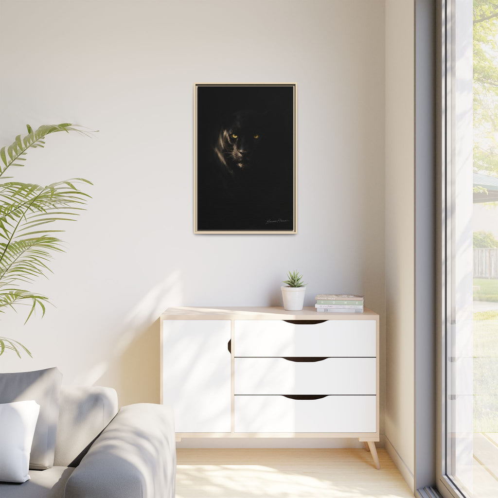Framed Matte Canvas - Black Panther Wall Art with Golden Eyes