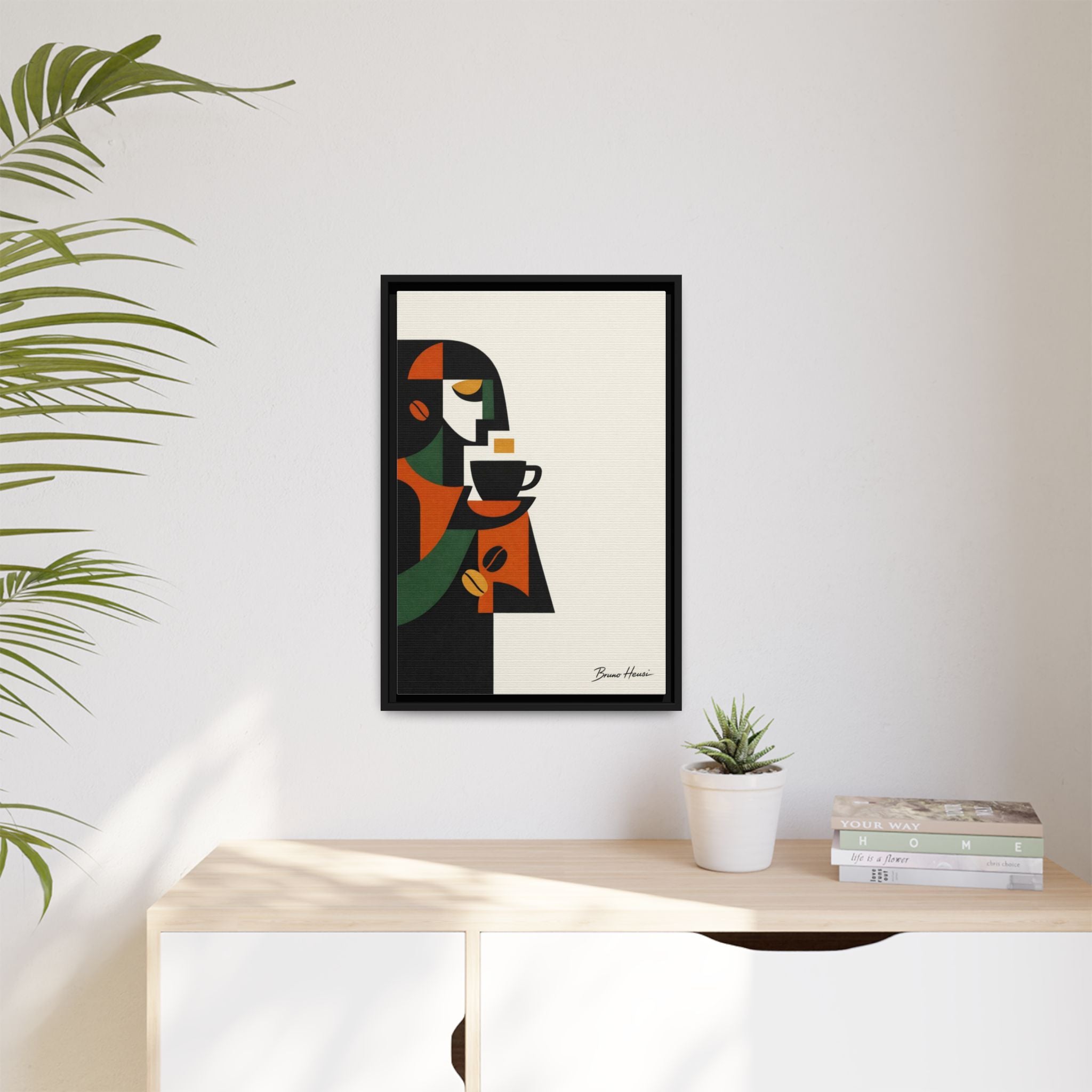 Abstract Coffee Drinker Framed Canvas Print — Modern Café Wall Art