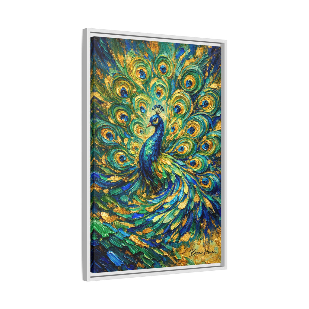 Peacock Oil-Style Framed Canvas Wall Art — Vibrant Blue & Gold Peacock Painting