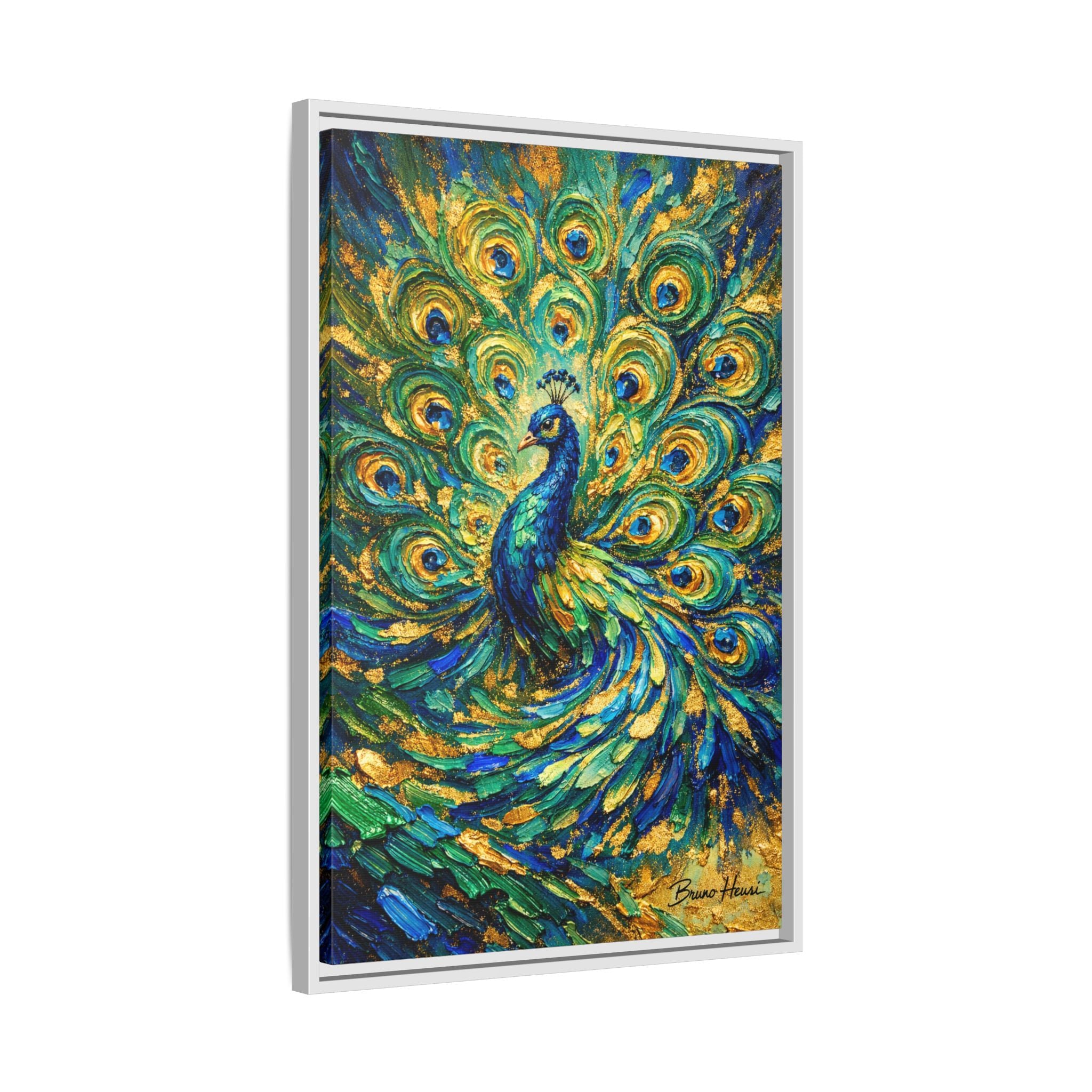 Peacock Oil-Style Framed Canvas Wall Art — Vibrant Blue & Gold Peacock Painting